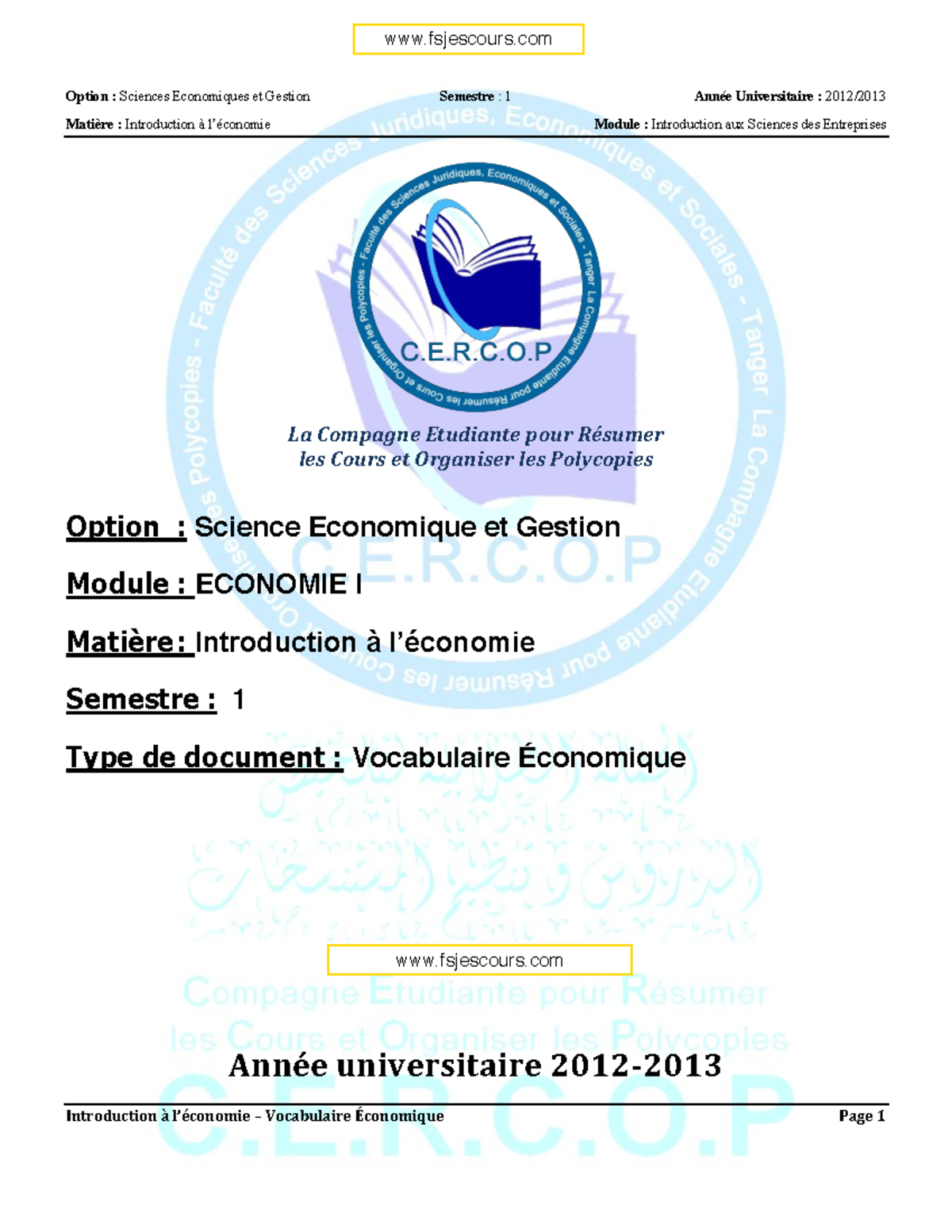 Vocabulaire-EÌ Conomique-introduction-a Ì -le Ì Conomie-s1 - Matière ...