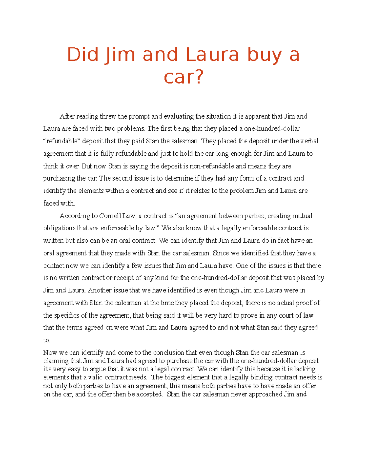 did jim and laura buy a car essay