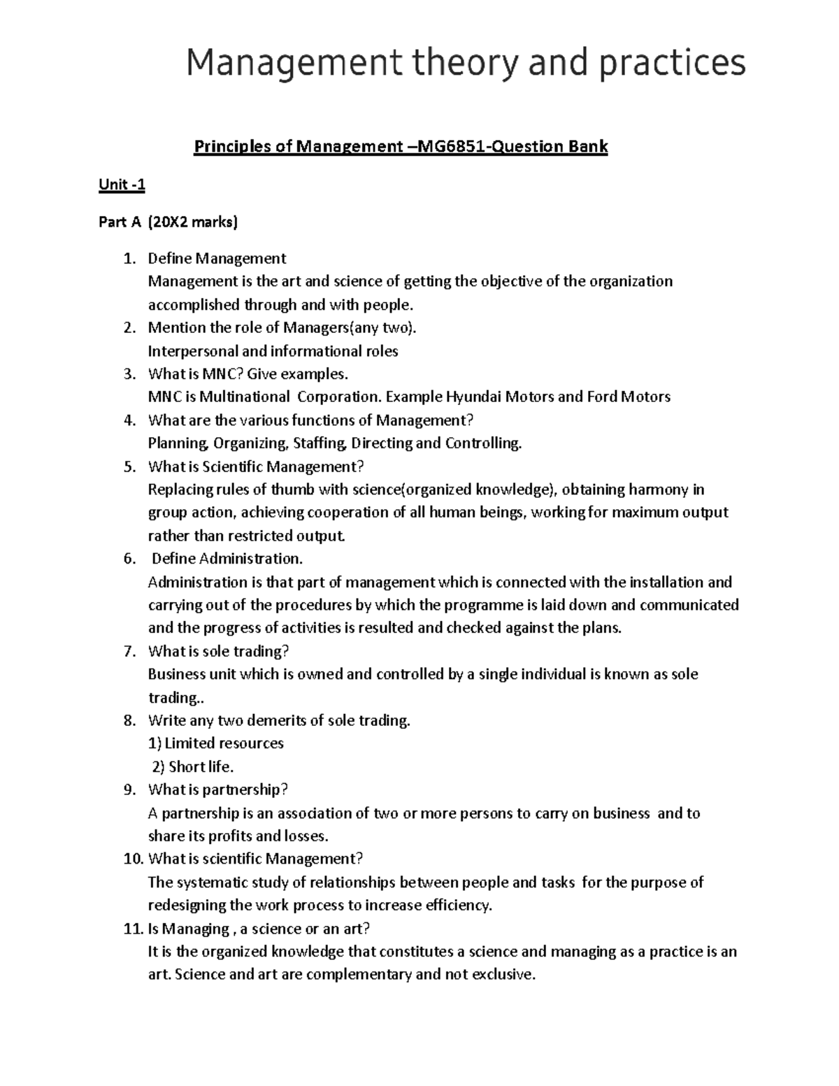 Question Bank Of Management Theory And Practices - Principles Of ...