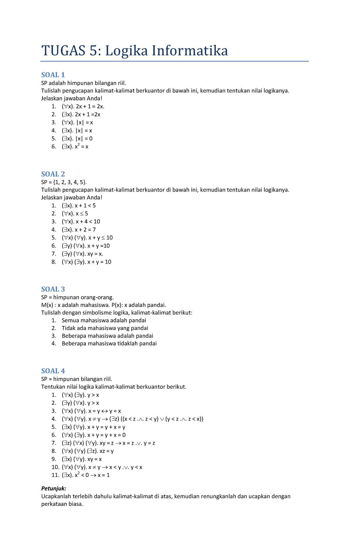 Tugas 6 Logika Informatika - TUGAS 5: Logika Informatika SOAL 1 SP ...