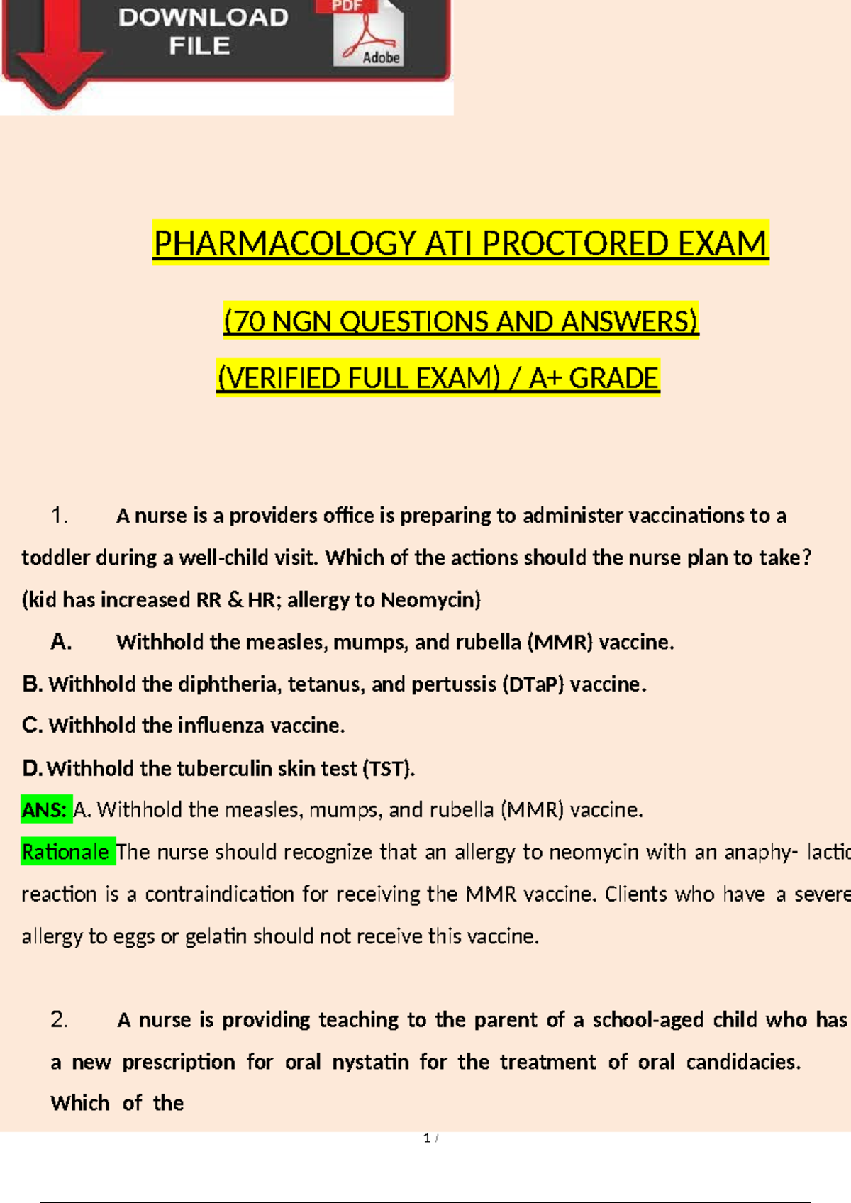 RN Pharmacology ATI Proctored Exam (2023-2024) With 70 NGN Questions ...