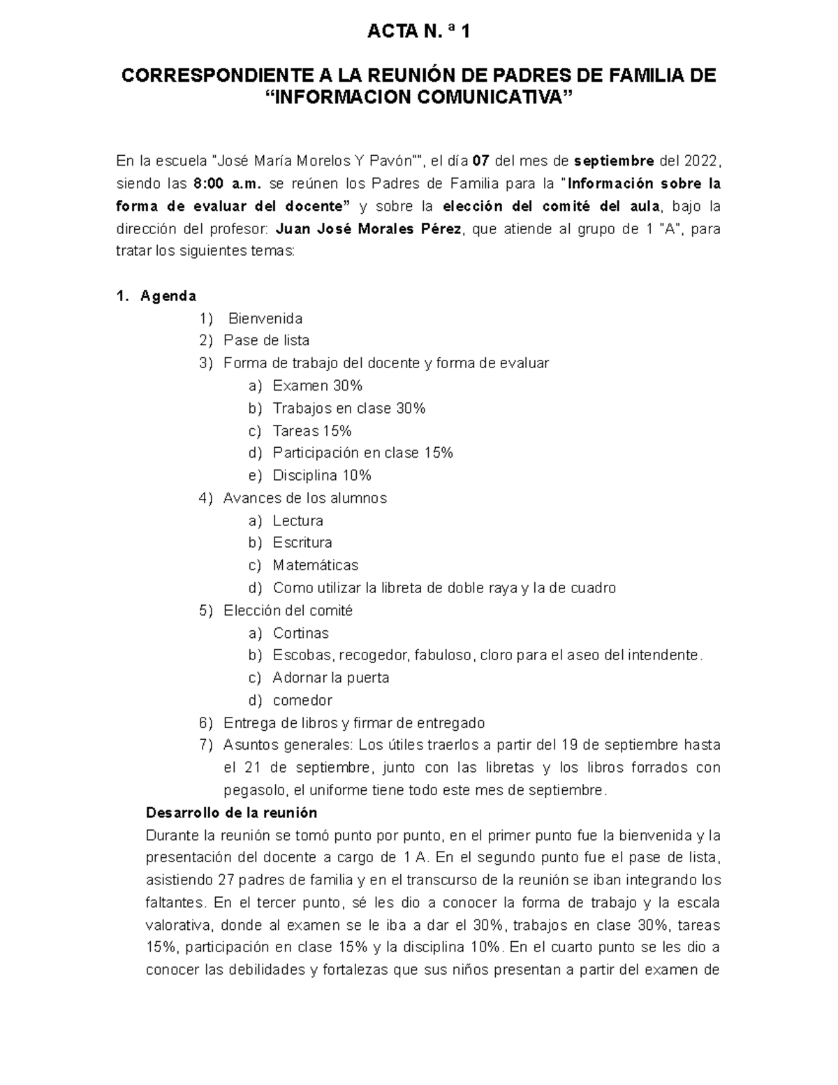 ACTA N 1 Reunión Con Los Padres De Familia 1 A - ACTA N. ª 1 ...