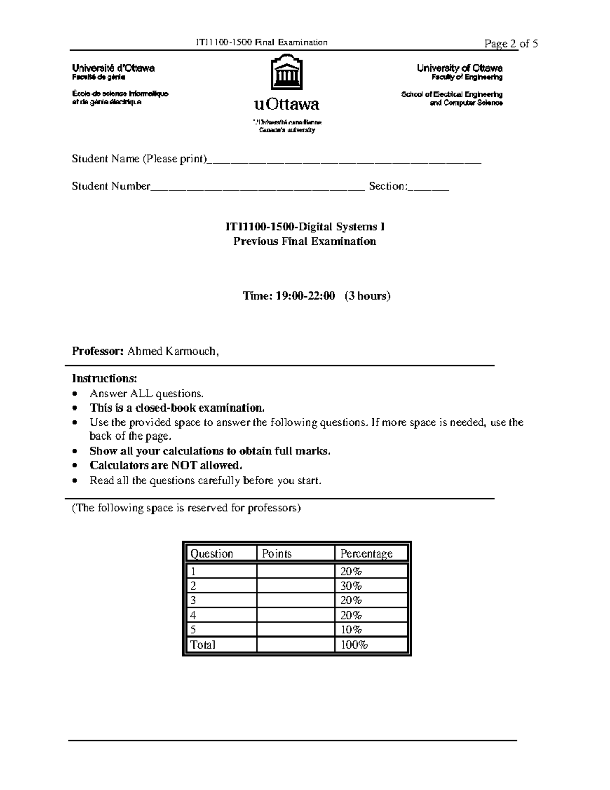 Sample Final Exam - Student Name (Please print
