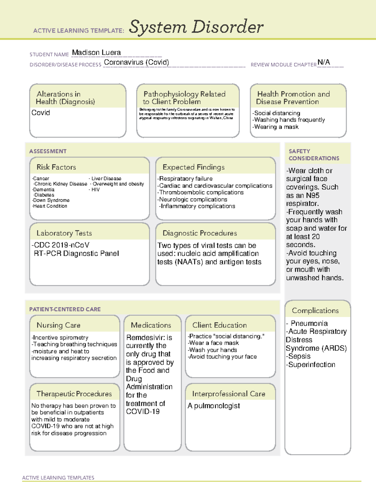 Patho for covid - ACTIVE LEARNING TEMPLATES System Disorder STUDENT ...