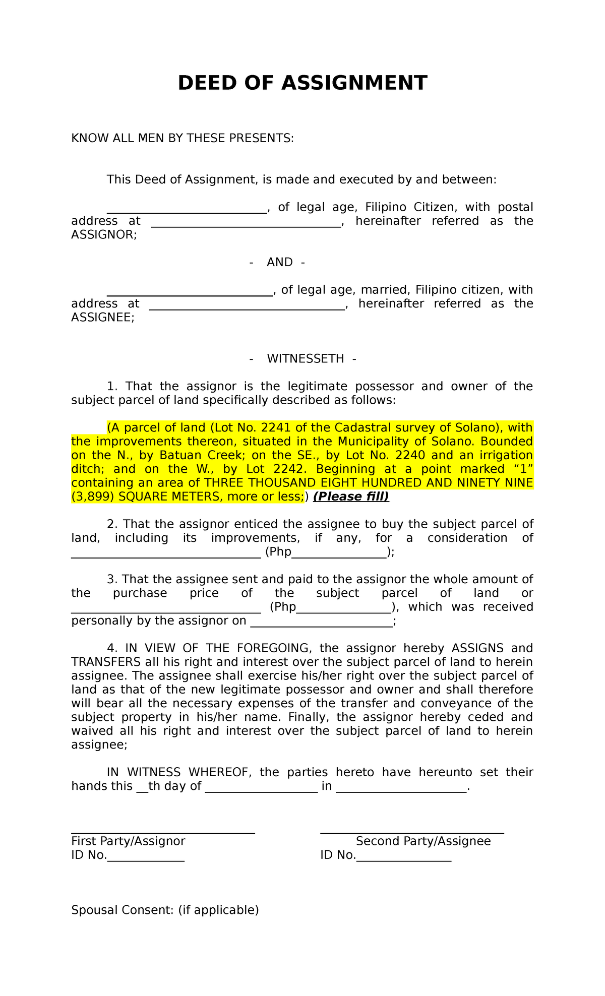 how to draft deed of assignment