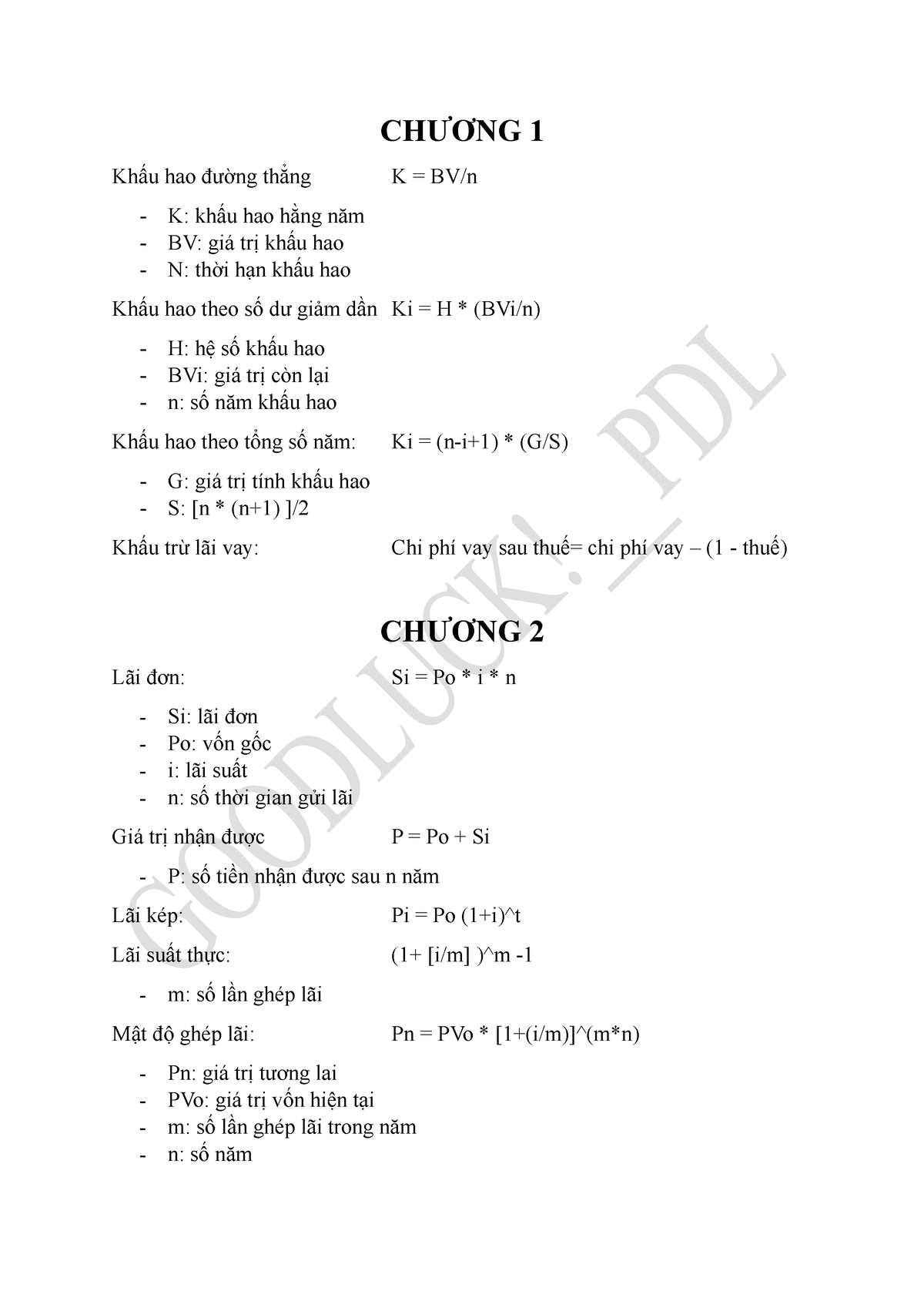 Công Thức QTTC - Rất Hay - CHƯƠNG 1 Khấu Hao đường Thẳng K = BV/n - K ...