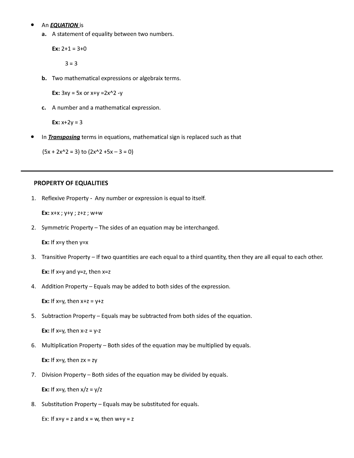 MATH 9 Lesson 1 - An EQUATION is a. A statement of equality between two ...