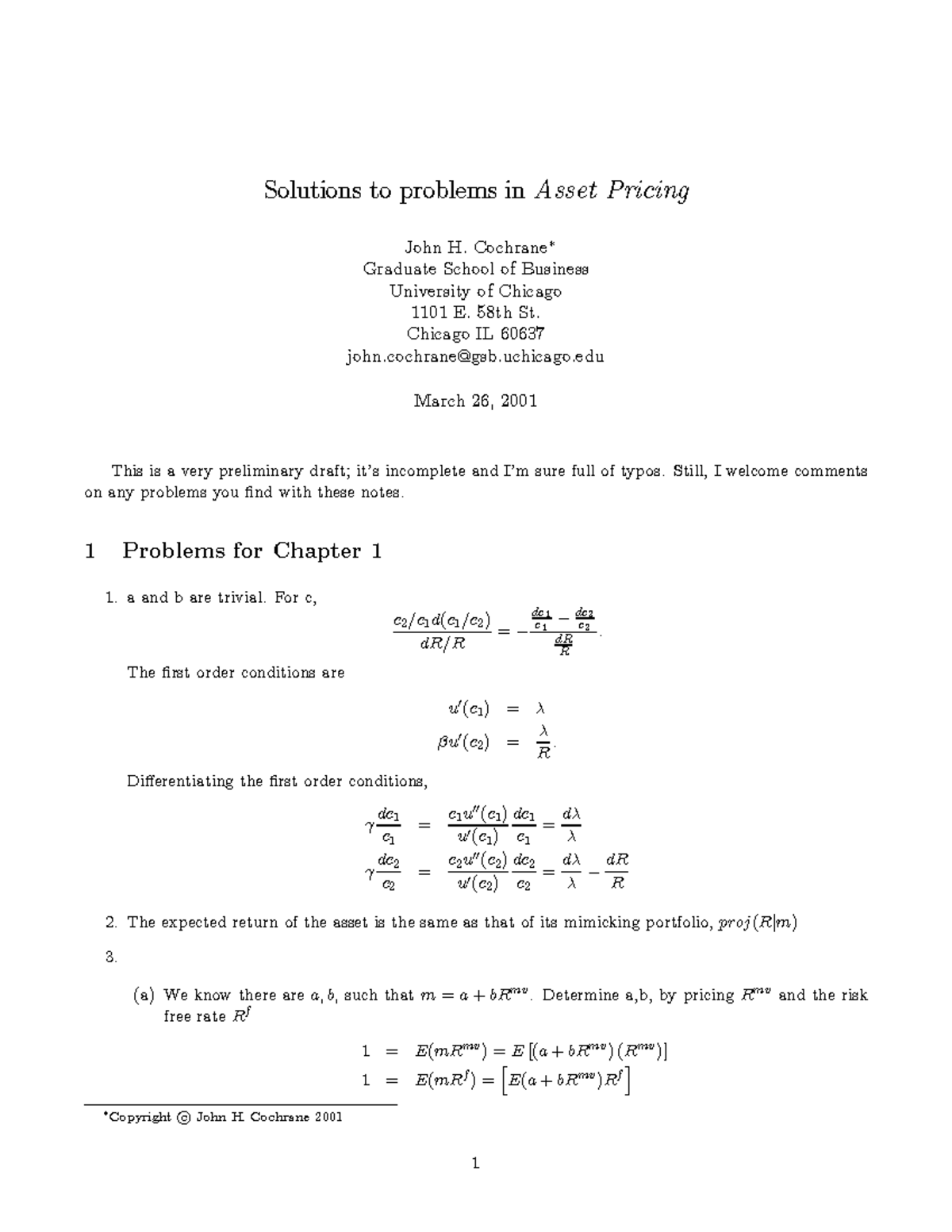 232848112 Cochrane J H Asset Pricing Solution 2010 Solutions To Problems Inasset Pricing John Cochrane Graduate School Of Business University Of Chicago 1101 Studocu