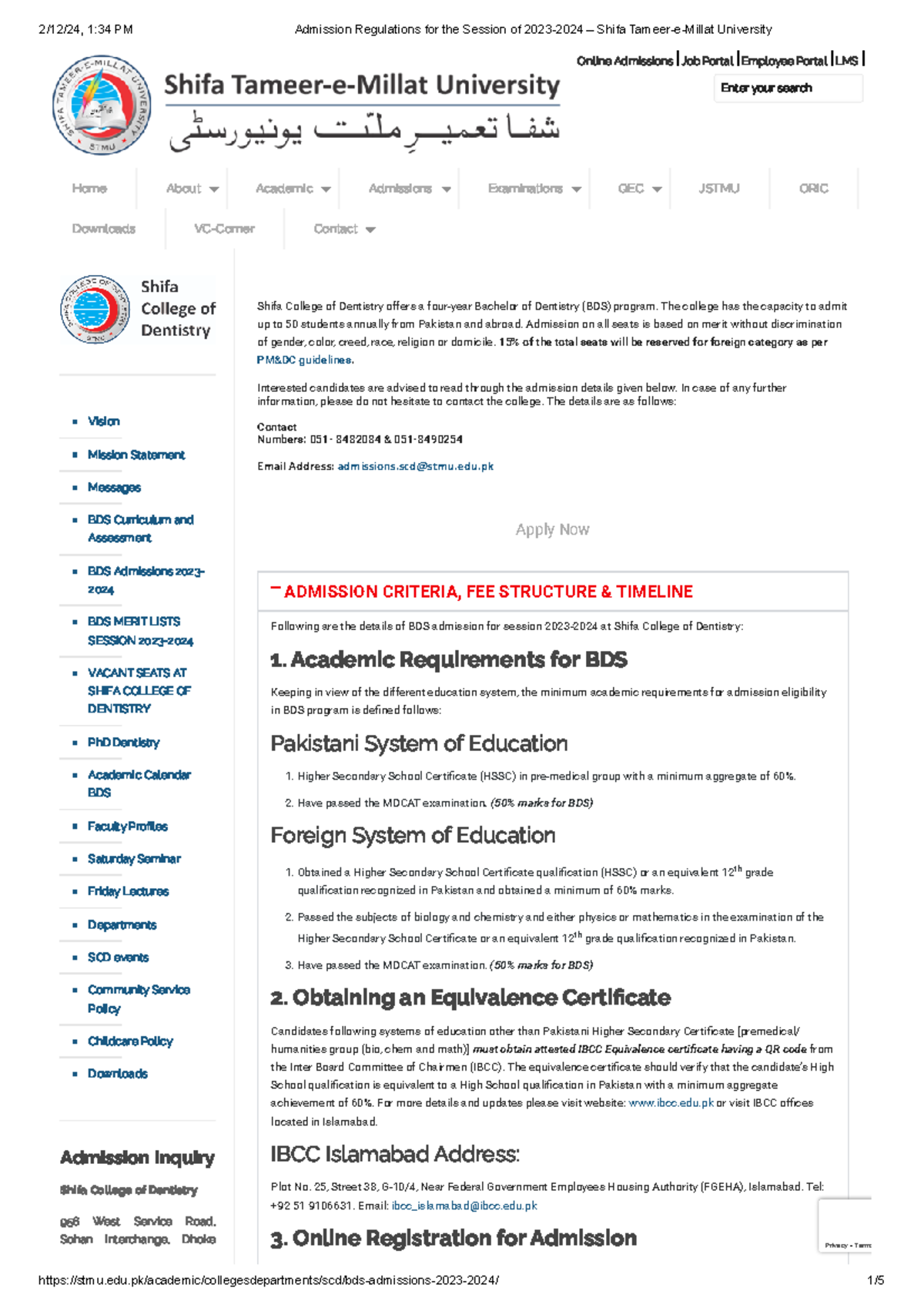 Admission Regulations For The Session Of 2023-2024 – Shifa Tameer-e ...