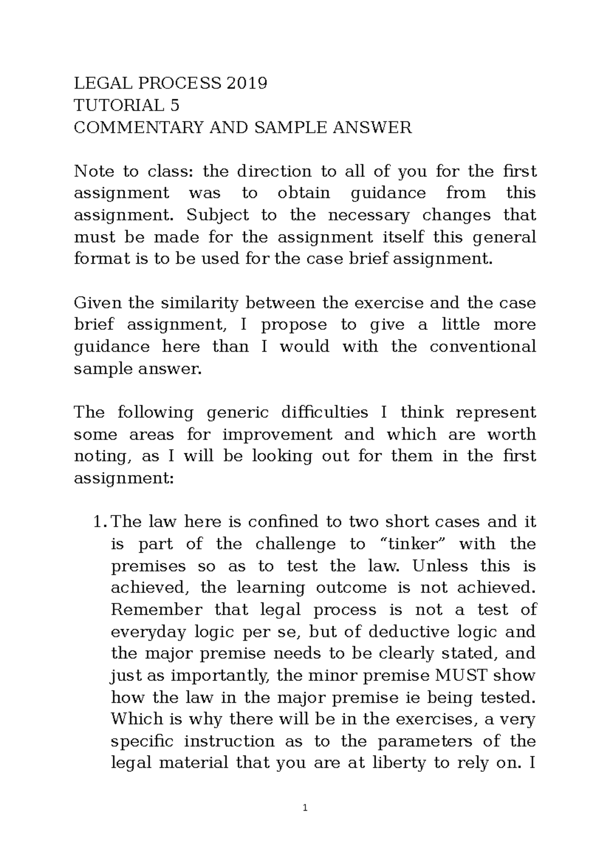 LP2019 Tute 5 Sample(1) - LEGAL PROCESS 2019 TUTORIAL 5 COMMENTARY AND ...