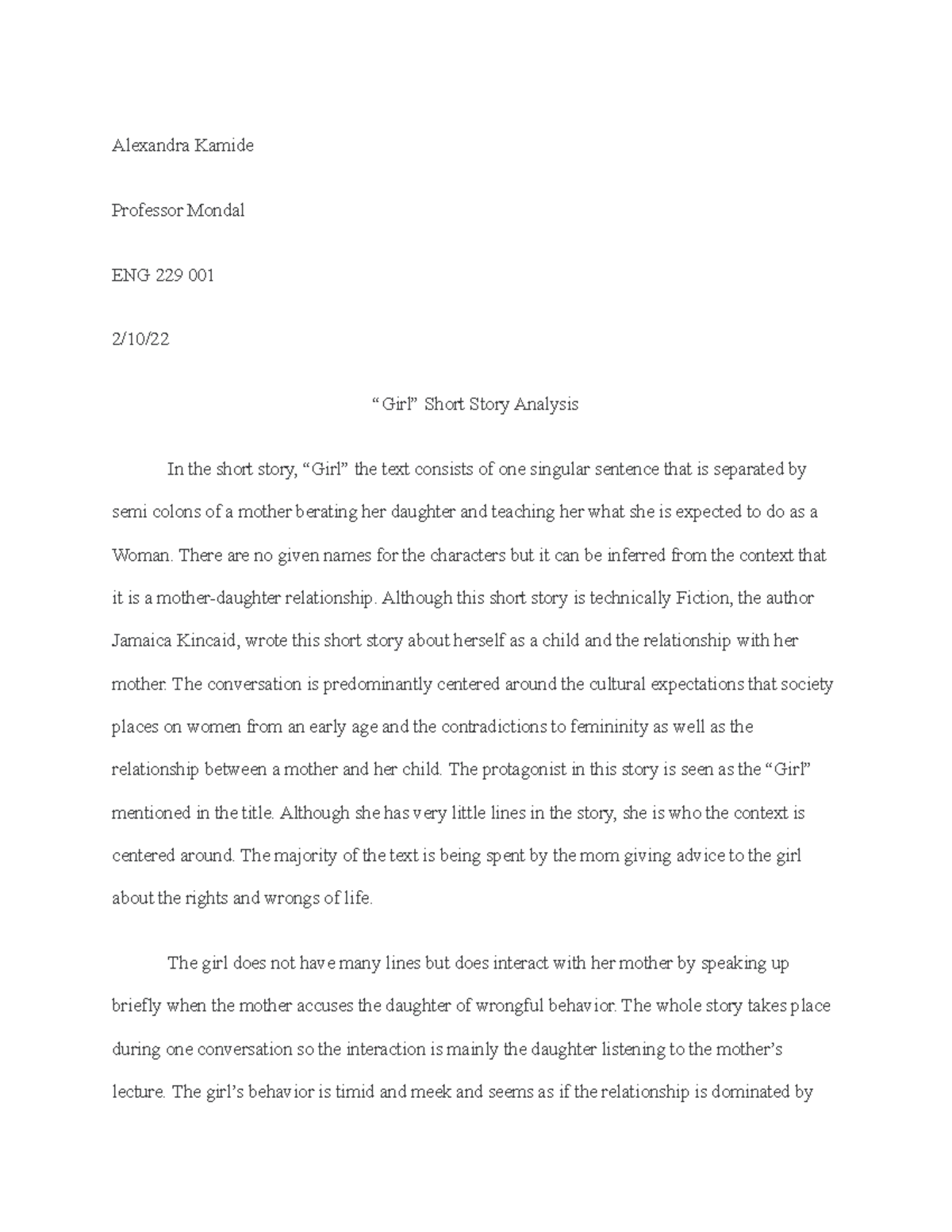 "Girl" Short Story Analysis Alexandra Kamide Professor Mondal ENG 229