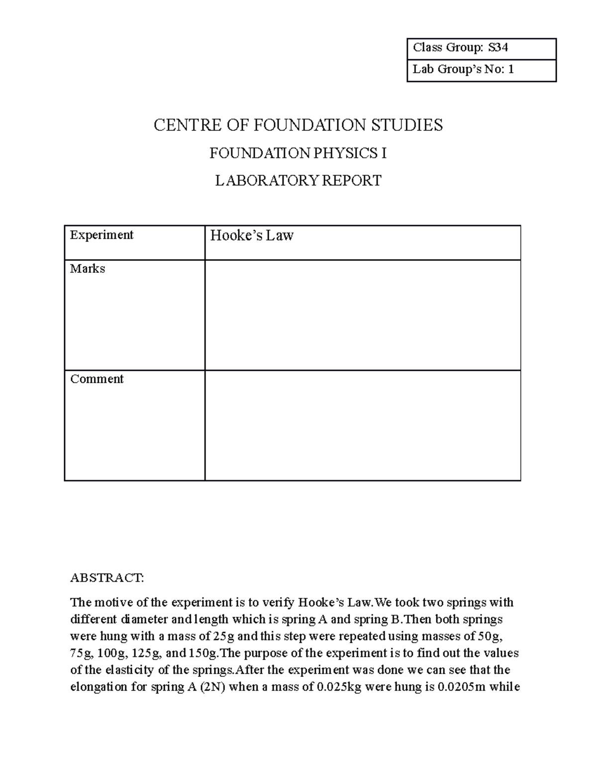 EXP 1 - Hookes LAW - LAB REPORT - CENTRE OF FOUNDATION STUDIES ...