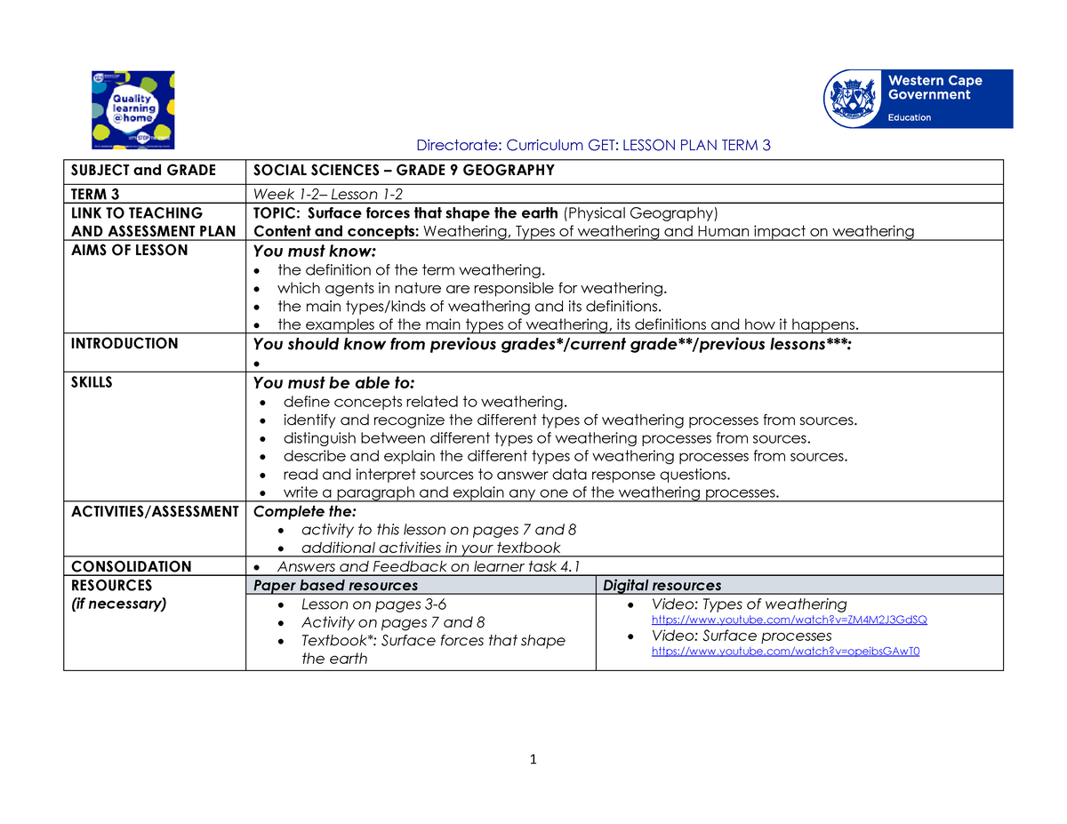 Lesson Plan Gr 9 SS Geography T3 W1 2 Directorate Curriculum GET 