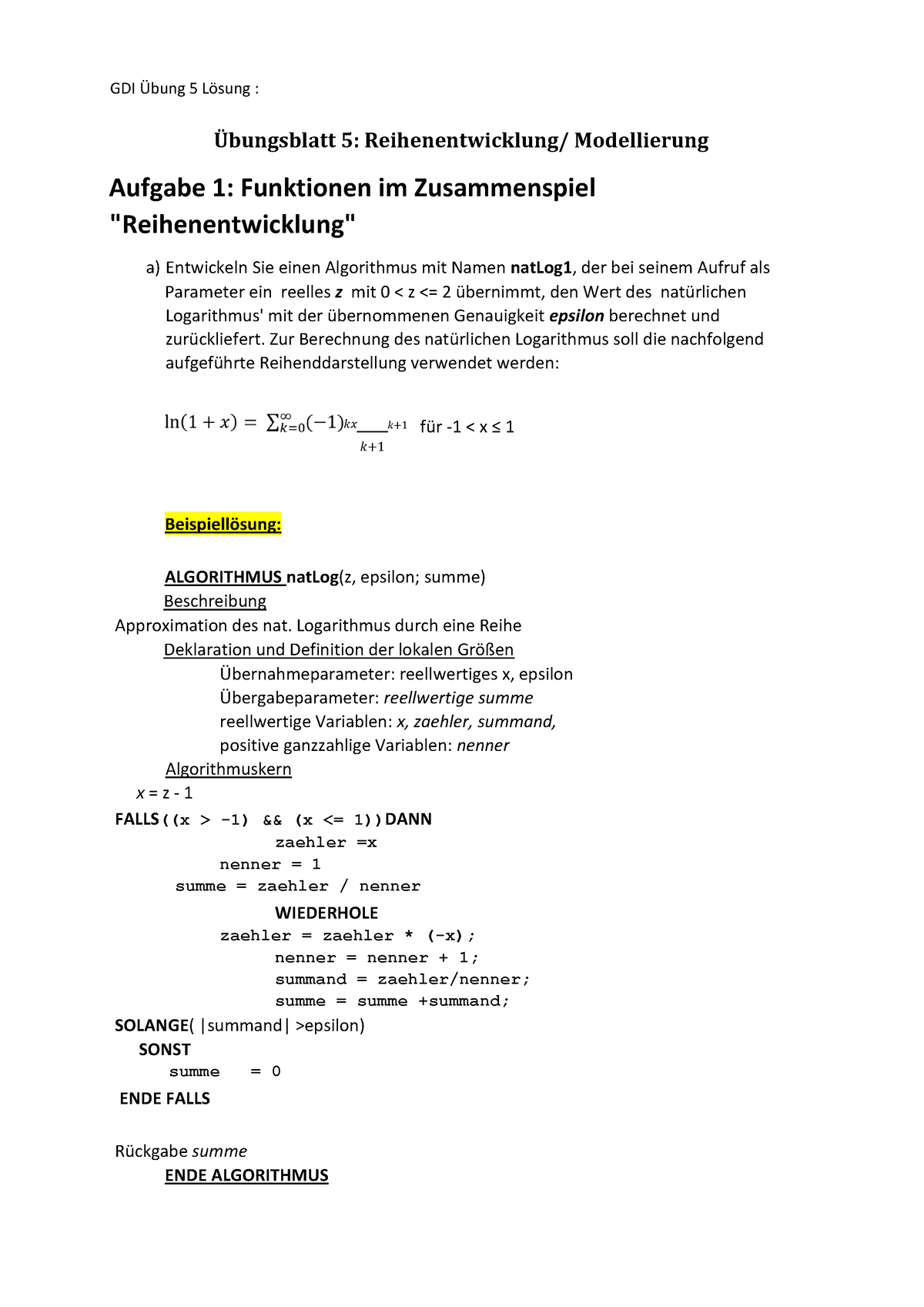 übung 5.1 Lösung - Übungsblatt 5: Reihenentwicklung/ Modellierung ...