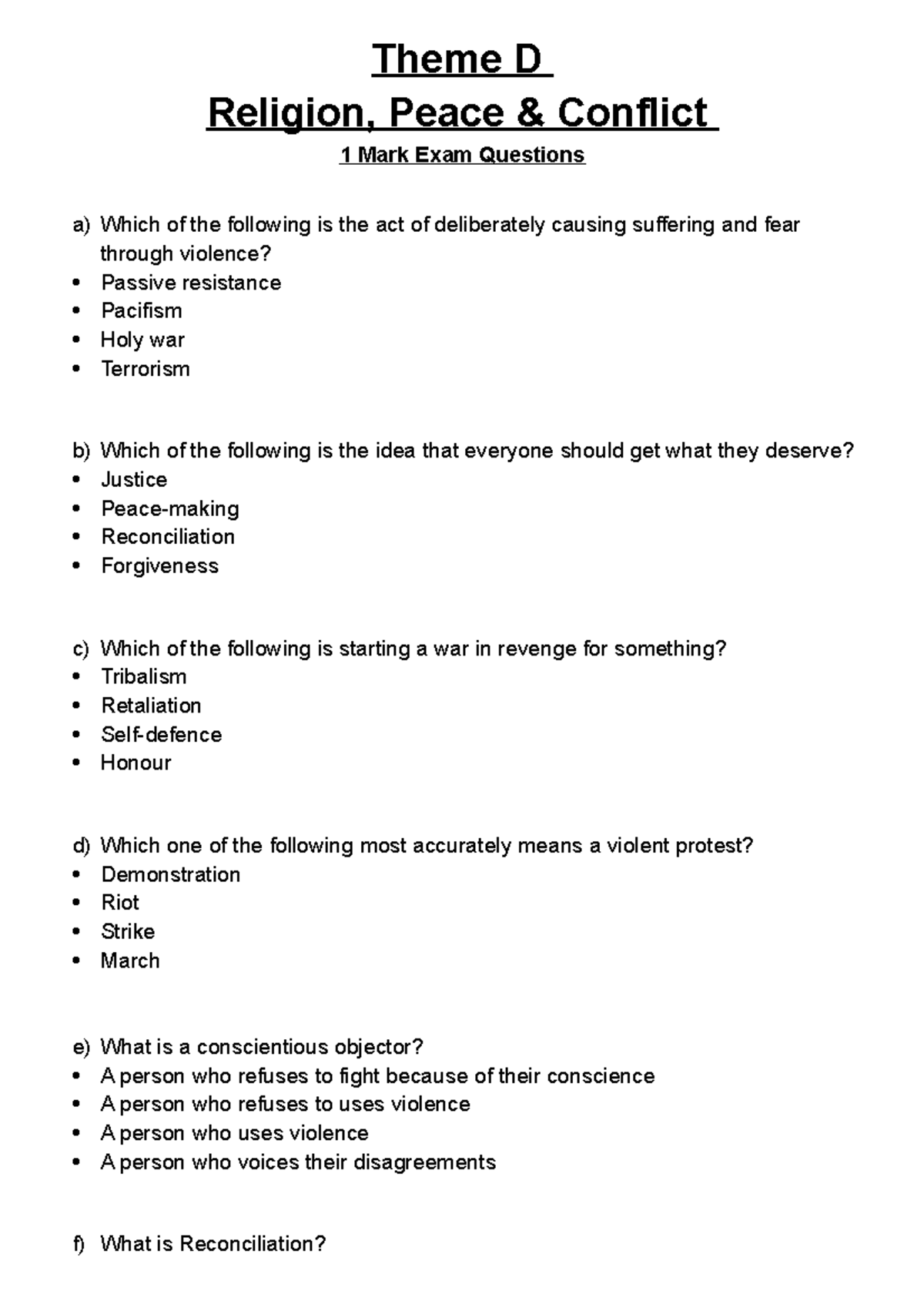 Religion peace conflict theme d exam questions - Theme D Religion ...