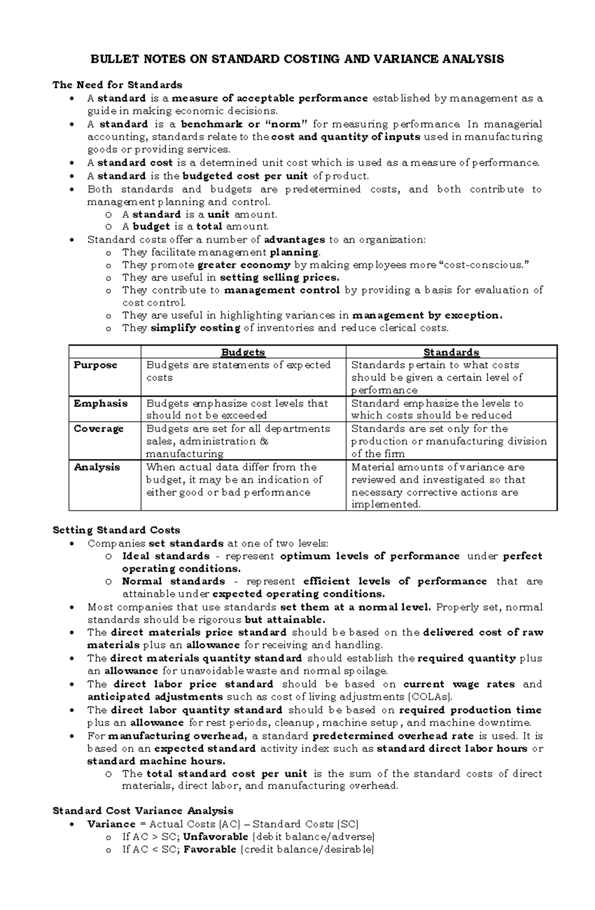MS Bullet Notes 6 - Standard Costing and Variance Analysis - BULLET ...