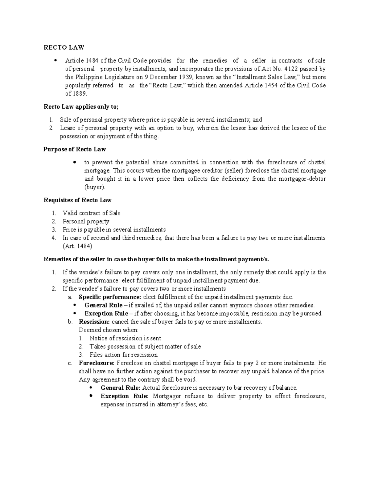 Recto LAW RECTO LAW Article 1484 of the Civil Code provides for the