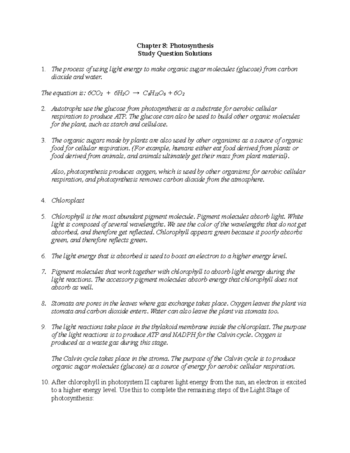 Chapter 8- Photosynthesis- Study Question Solutions - Chapter 8 ...