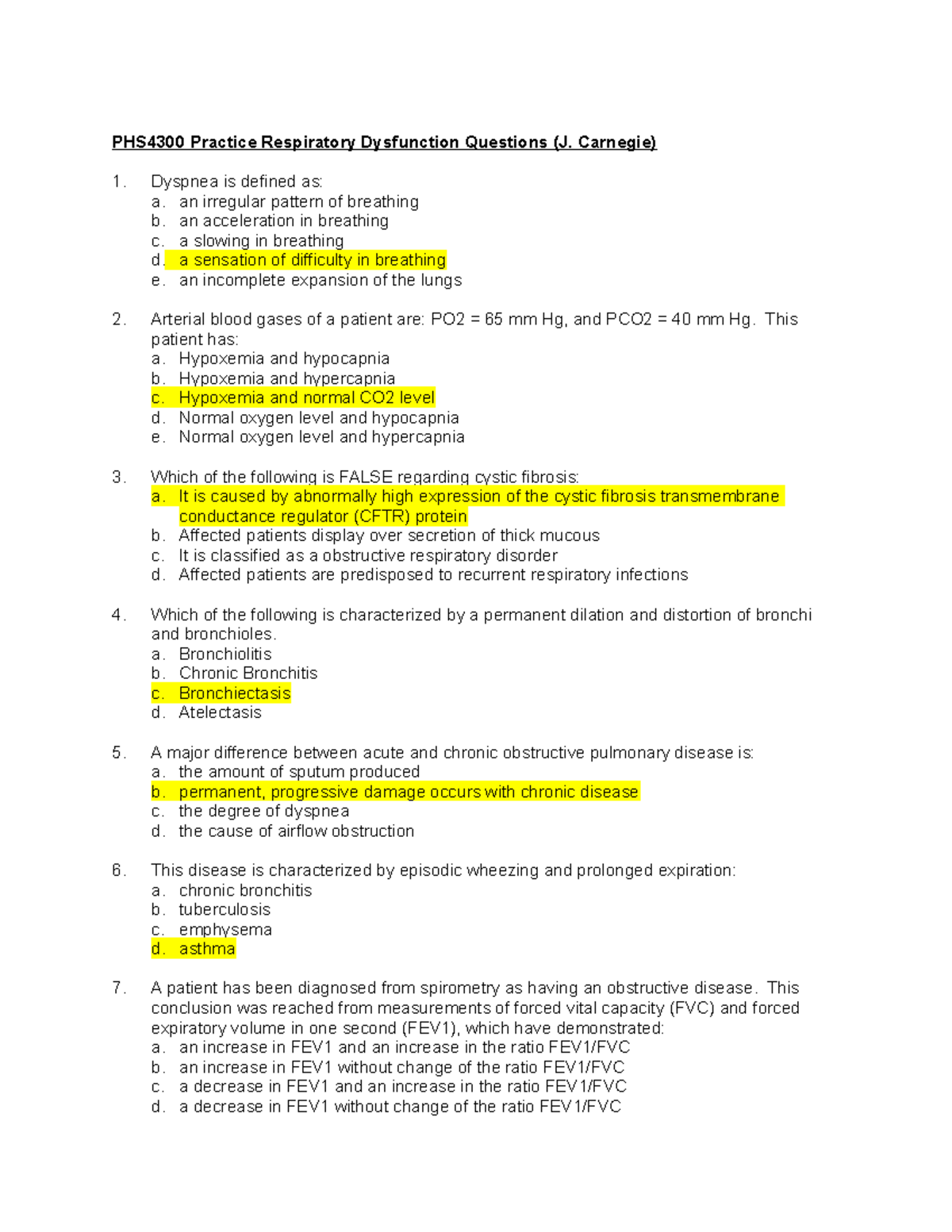 Practice Respiratory Dysfunction Questions - Studocu