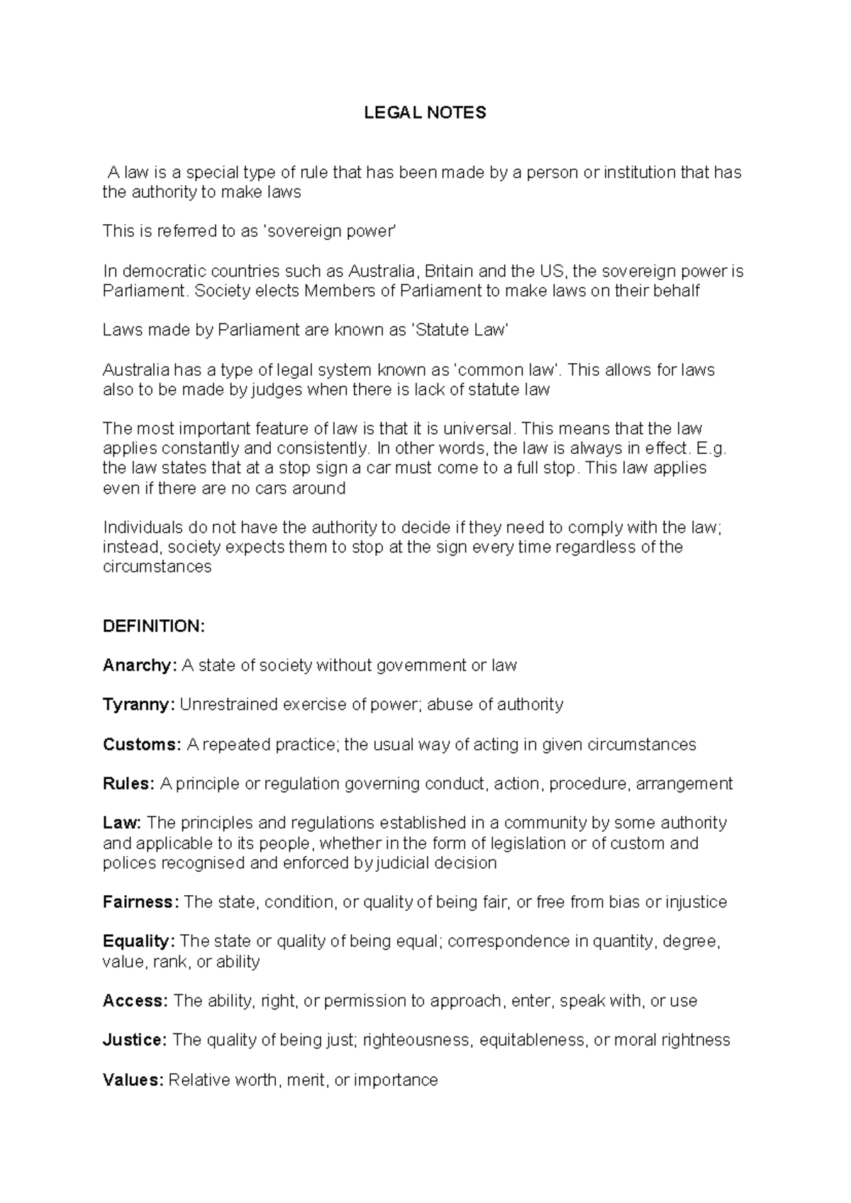 Full Course Notes - LEGAL NOTES A law is a special type of rule that ...