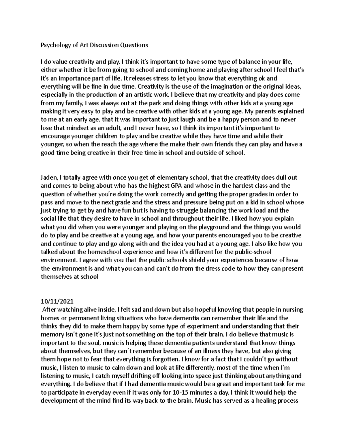 Psychology of Art Discussion Questions PSYC3053 OK State Studocu