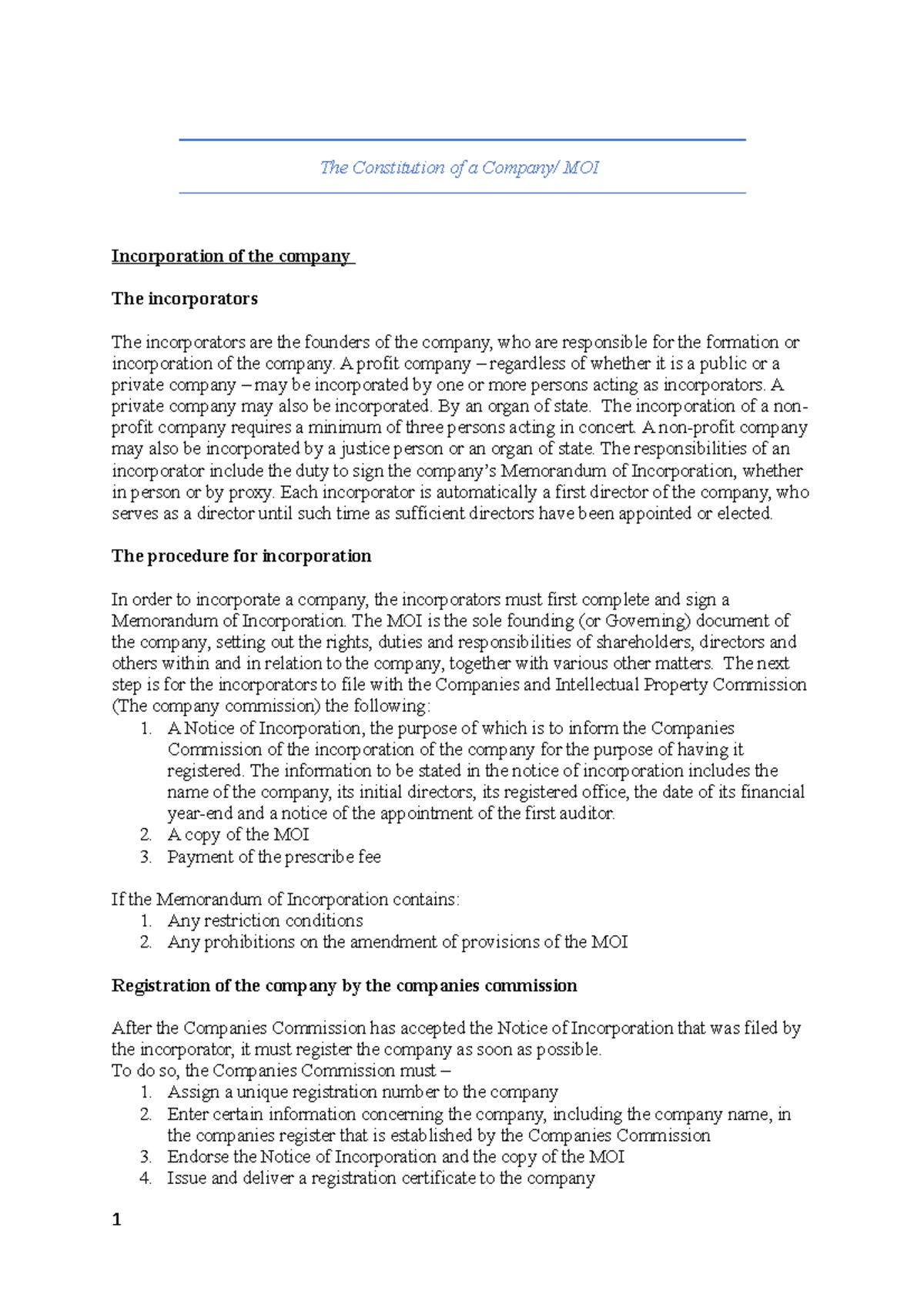 The Constitution of a Company The Constitution of a MOI Incorporation