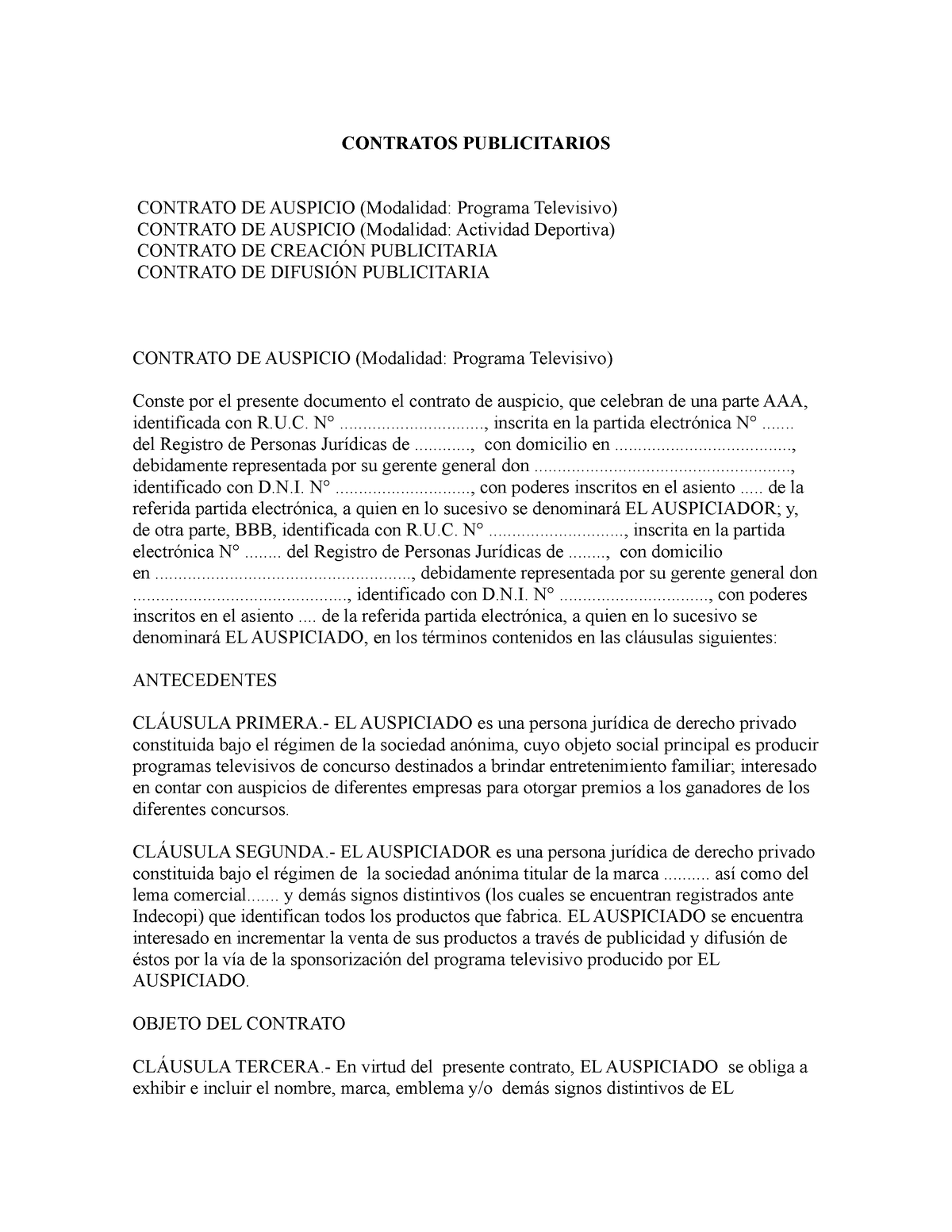 Contratos Publicitarios Contratos Publicitarios Contrato De Auspicio Modalidad Programa 3646