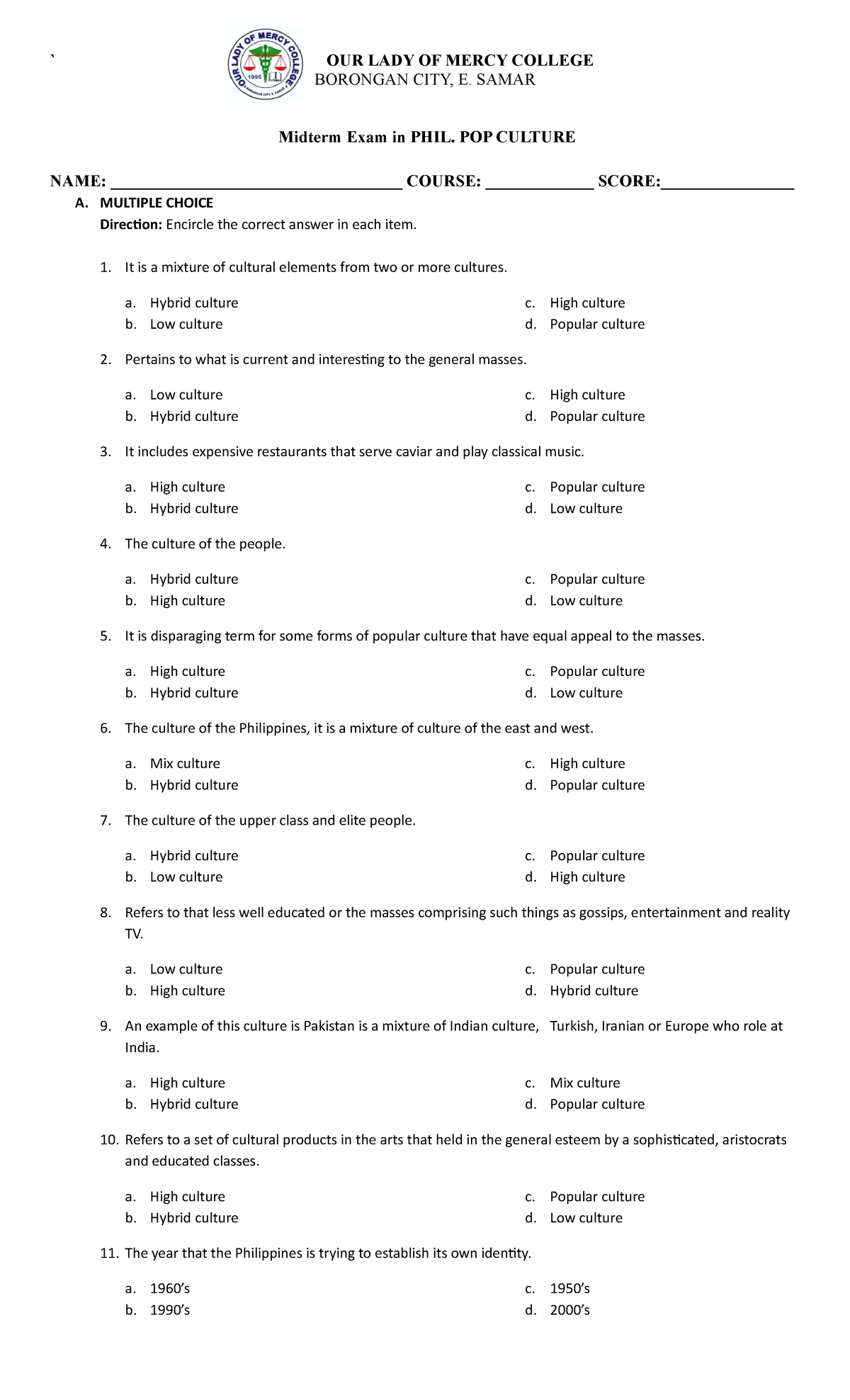 PHIL POP Midterm - PRACTICE MATERIALS - ` OUR LADY OF MERCY COLLEGE ...