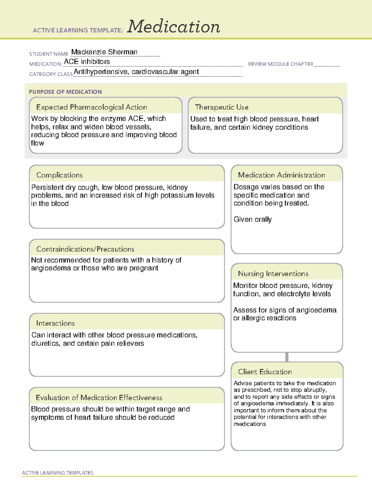 ACE Inhibitors - ACTIVE LEARNING TEMPLATES Medication STUDENT NAME ...