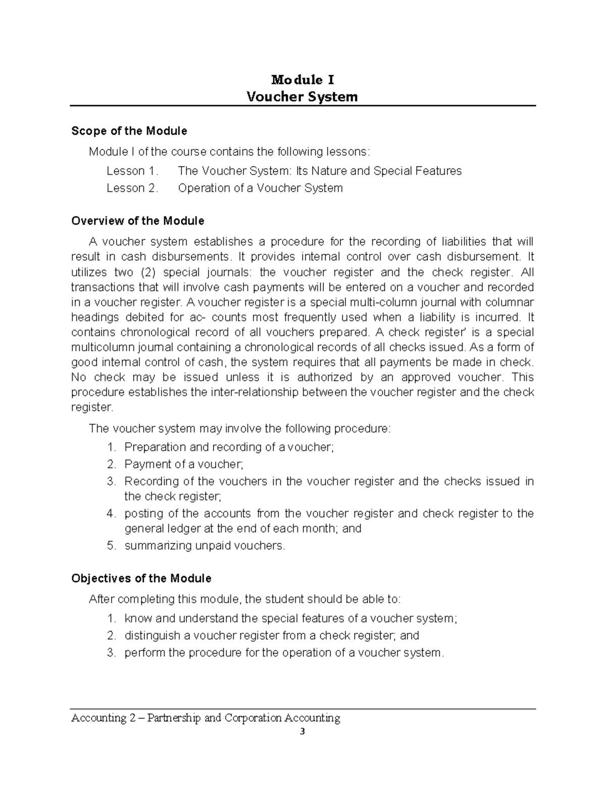 Accounting 2, Module I Voucher System, Voucher and Check Register