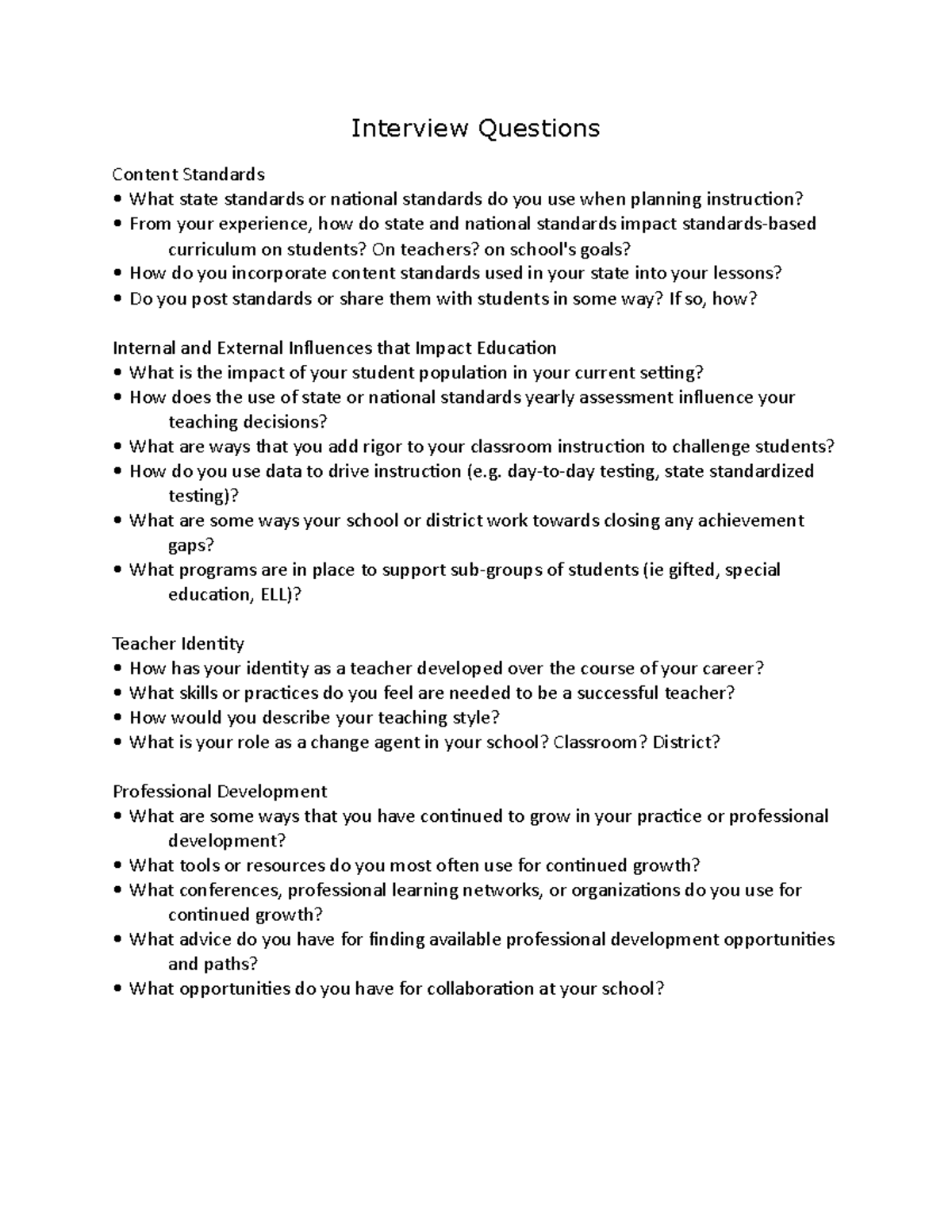 Interview Questions - Interview Questions Content Standards What state ...