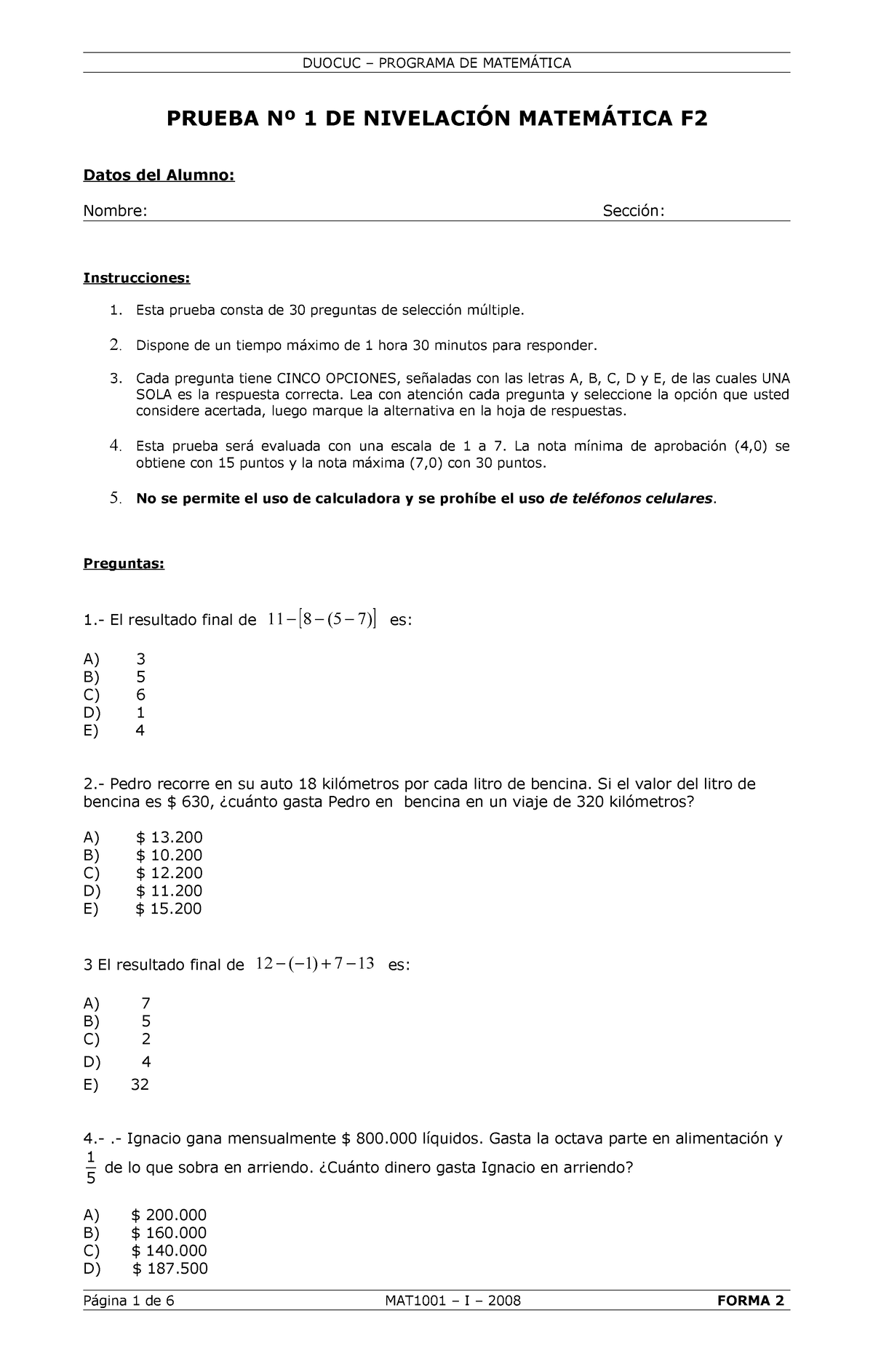 127444804 Diagnostico Matematico Duc Uc Prueba Nº 1 De NivelaciÓn MatemÁtica F Datos Del 1442