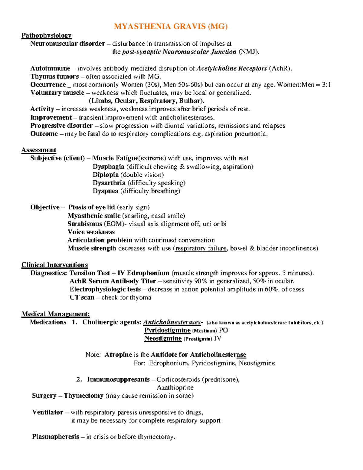 Notes CCP neuromuscular-M G, PD, MS, etc - MYASTHENIA GRAVIS (MG ...