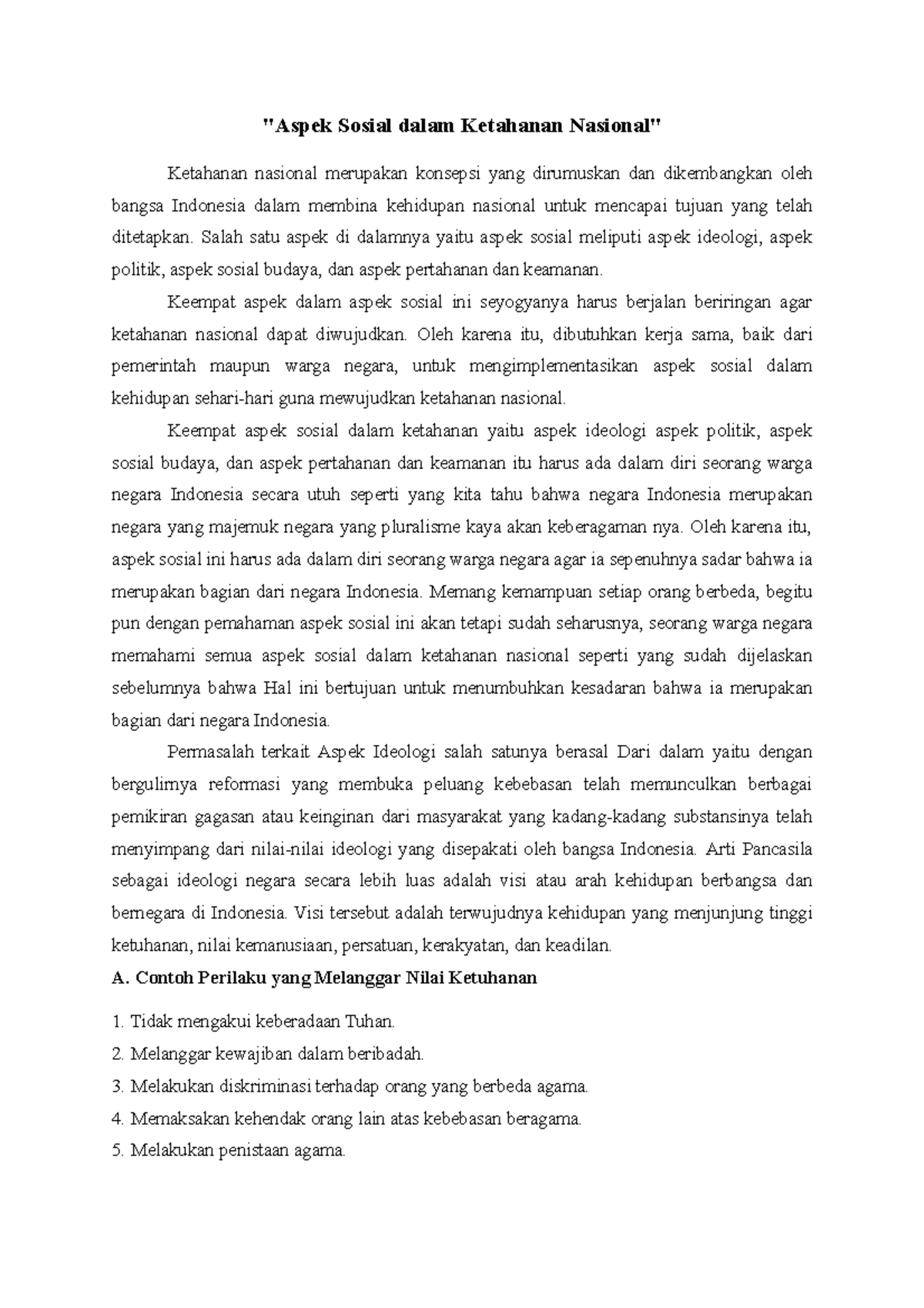 Aspek Sosial dalam Ketahanan Nasional "Aspek Sosial dalam Ketahanan