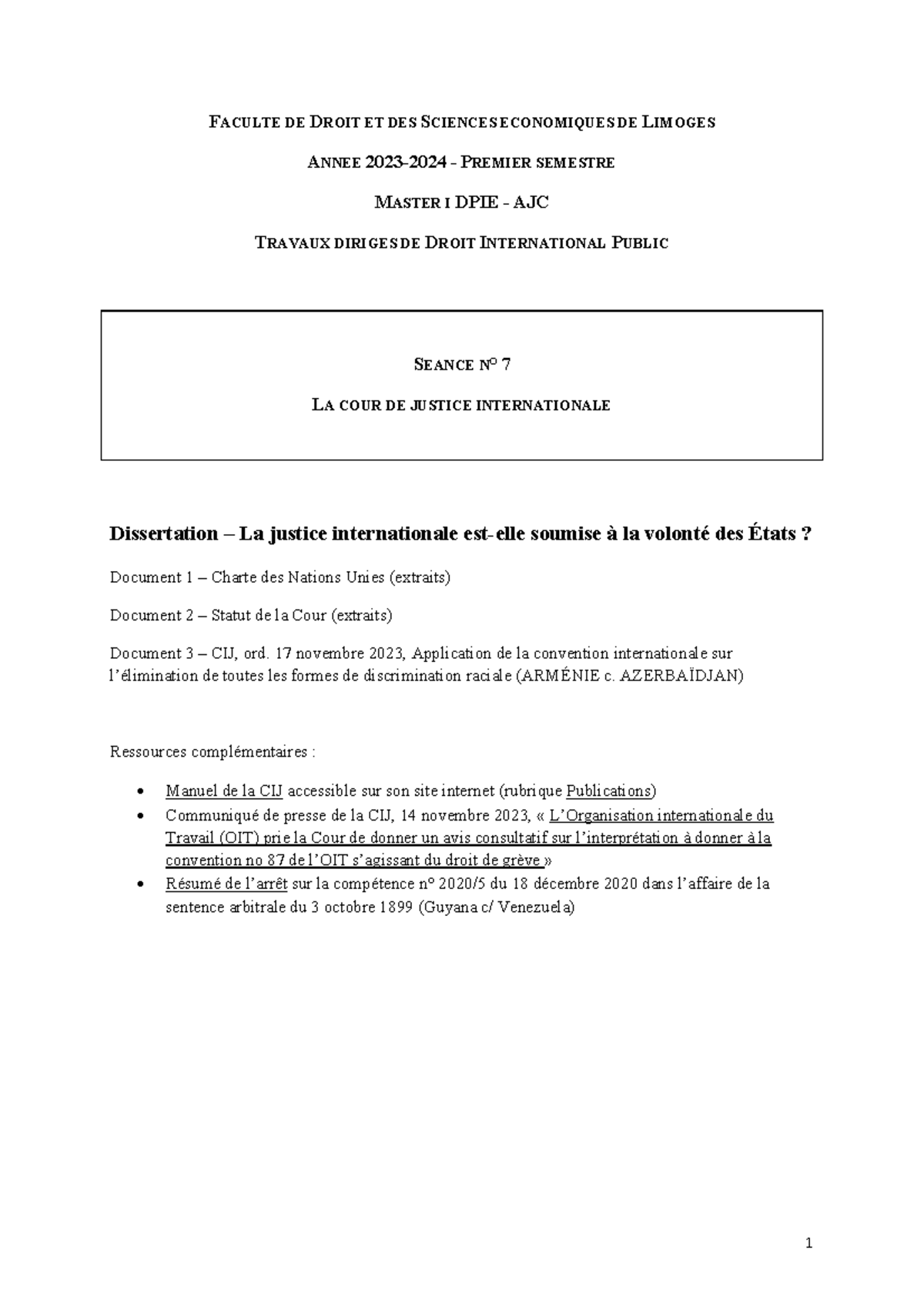 TD DIP 2023 S1 n°7- CIJ - travaux pratiques - FACULTE DE D ROIT ET DES ...