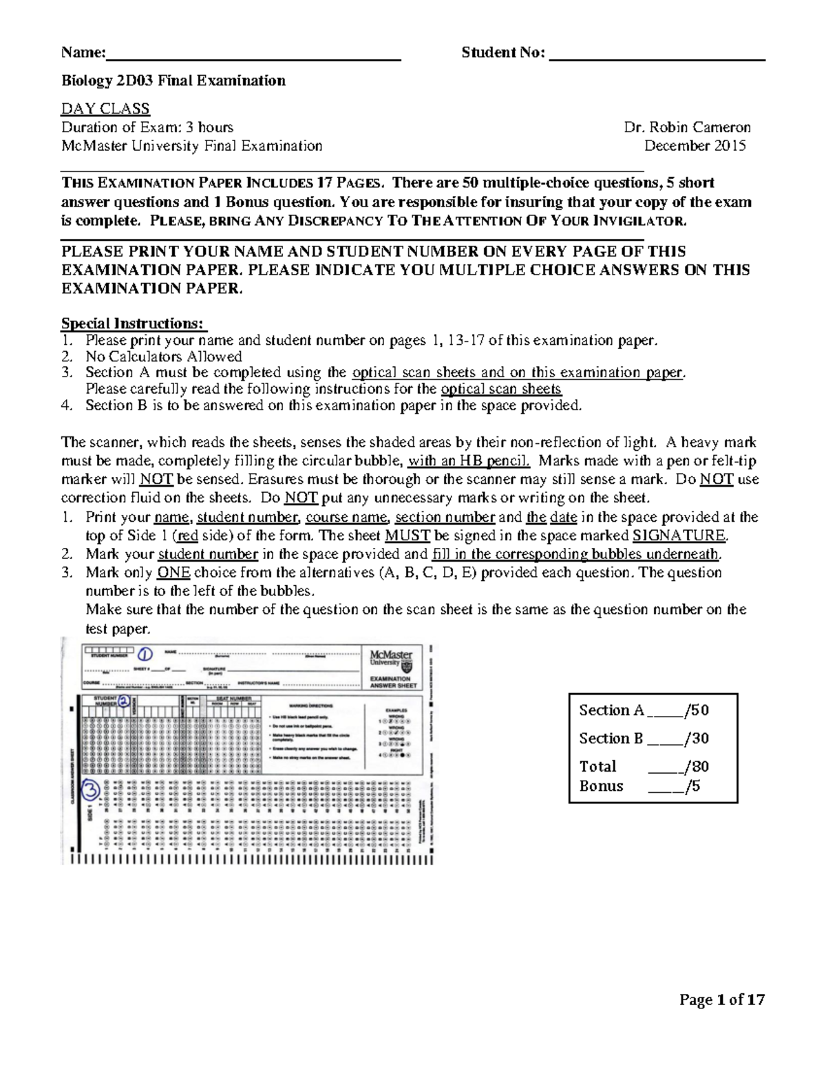 Practice Examanswers2021 Name Student No Biology 2D03 Final