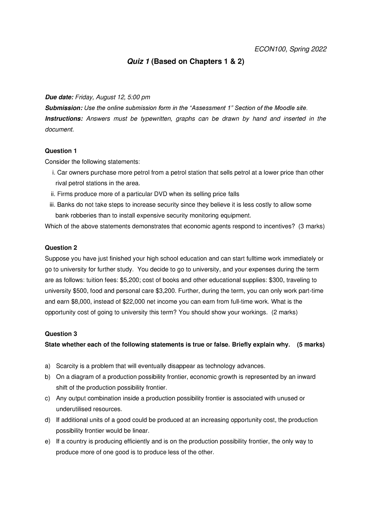 ECON QUIZ - quiz 1 - ECON100, Spring 2022 Quiz 1 (Based on Chapters 1 ...