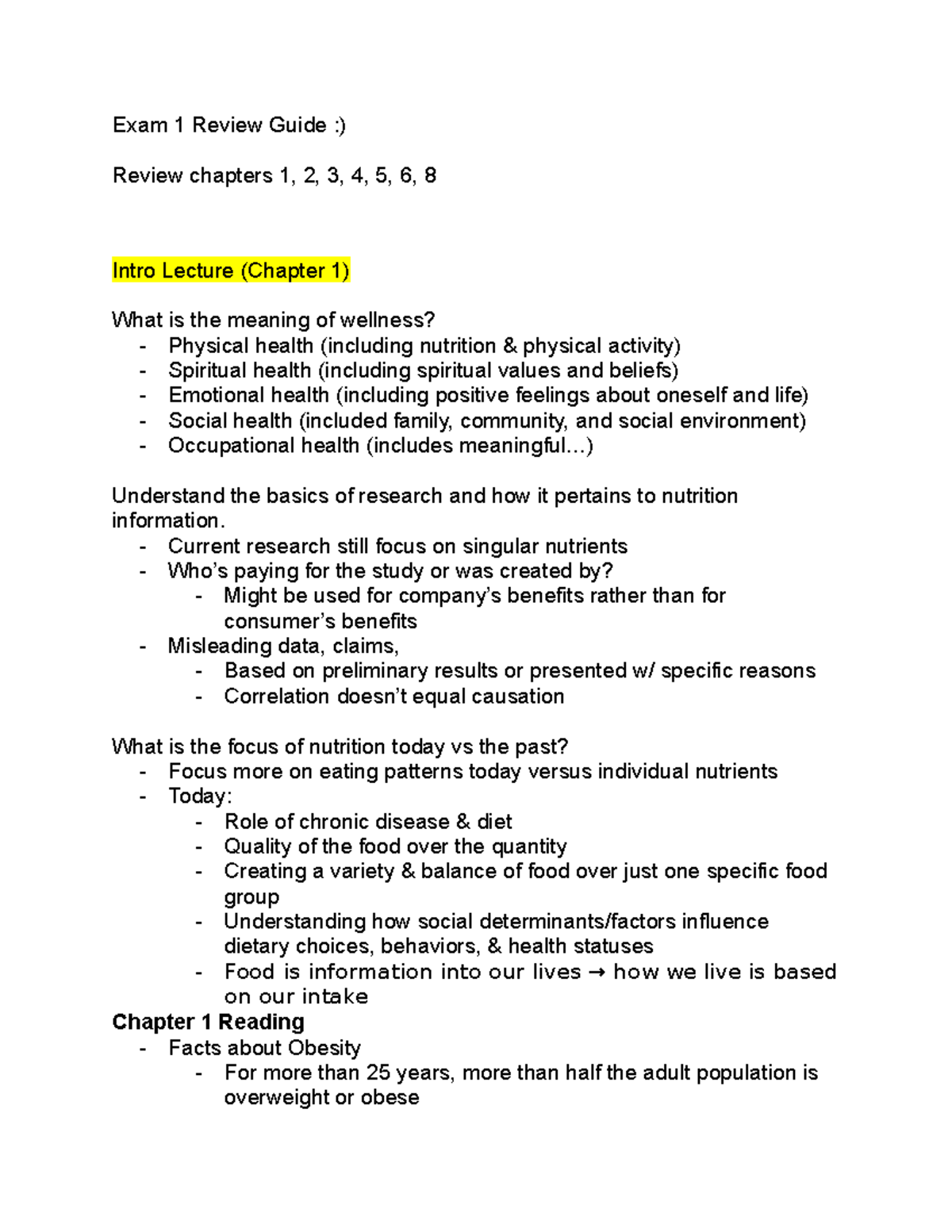 Nutrition Test Study Guide - Exam 1 Review Guide :) Review Chapters 1 ...