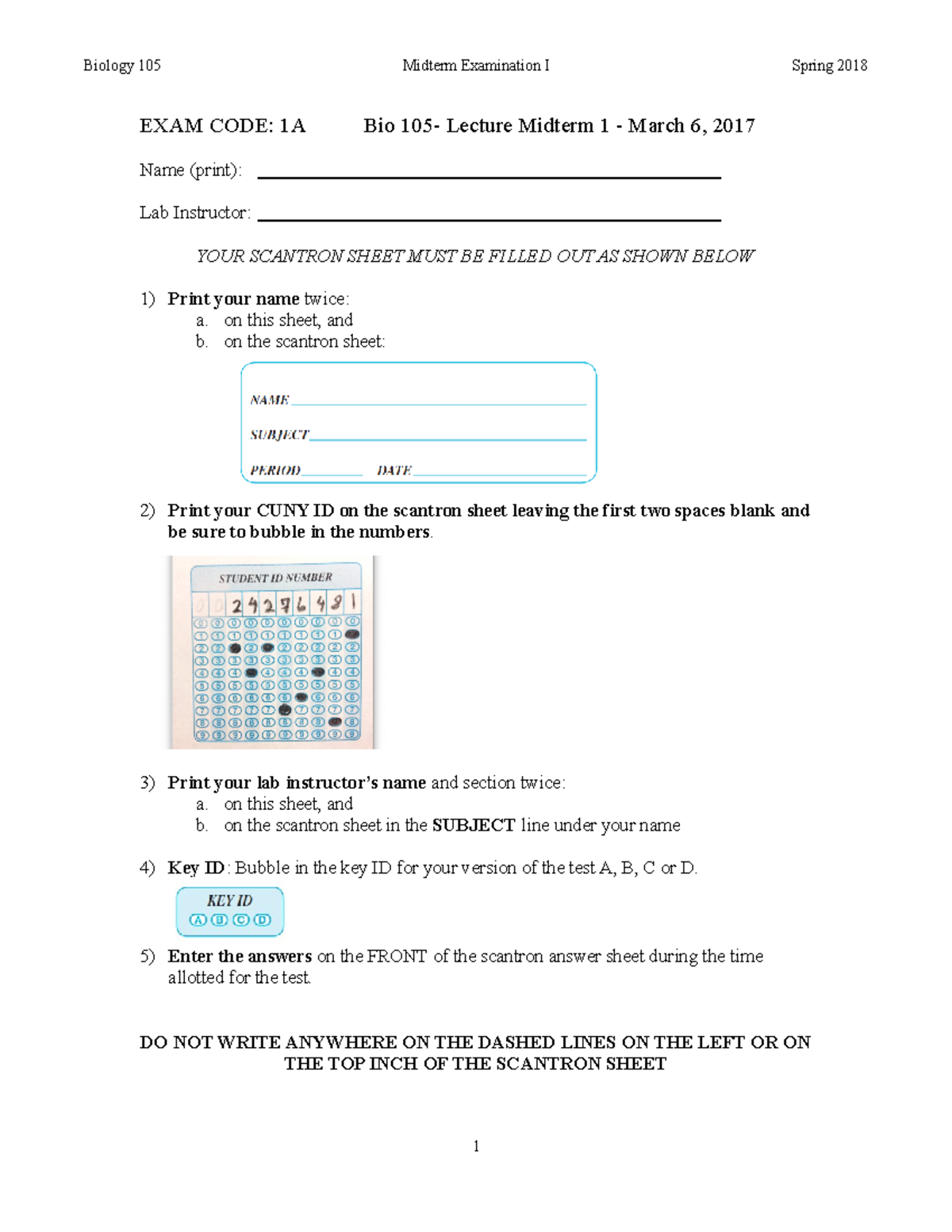 Provided sample with answers - EXAM CODE: 1A Bio 105- Lecture Midterm 1 ...