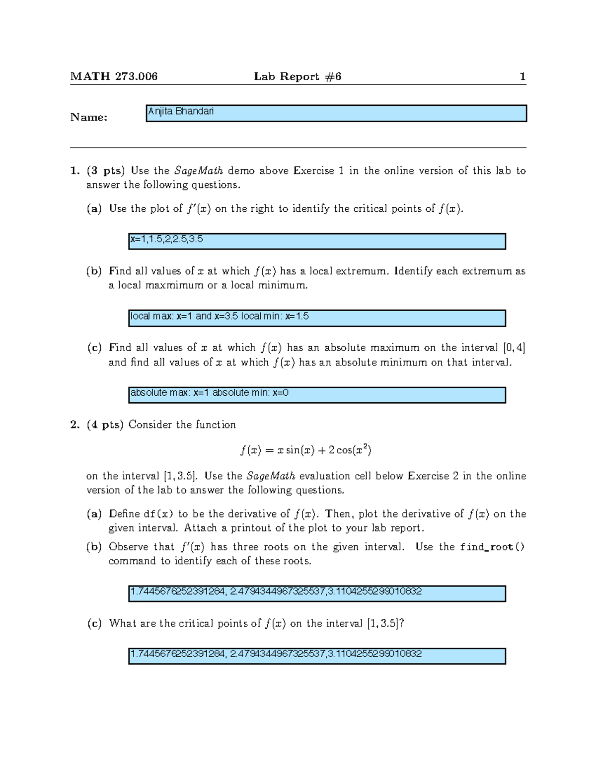 Lab6Report - lab6 - MATH 273 Lab Report #6 1 Name: (3 pts)Use ...