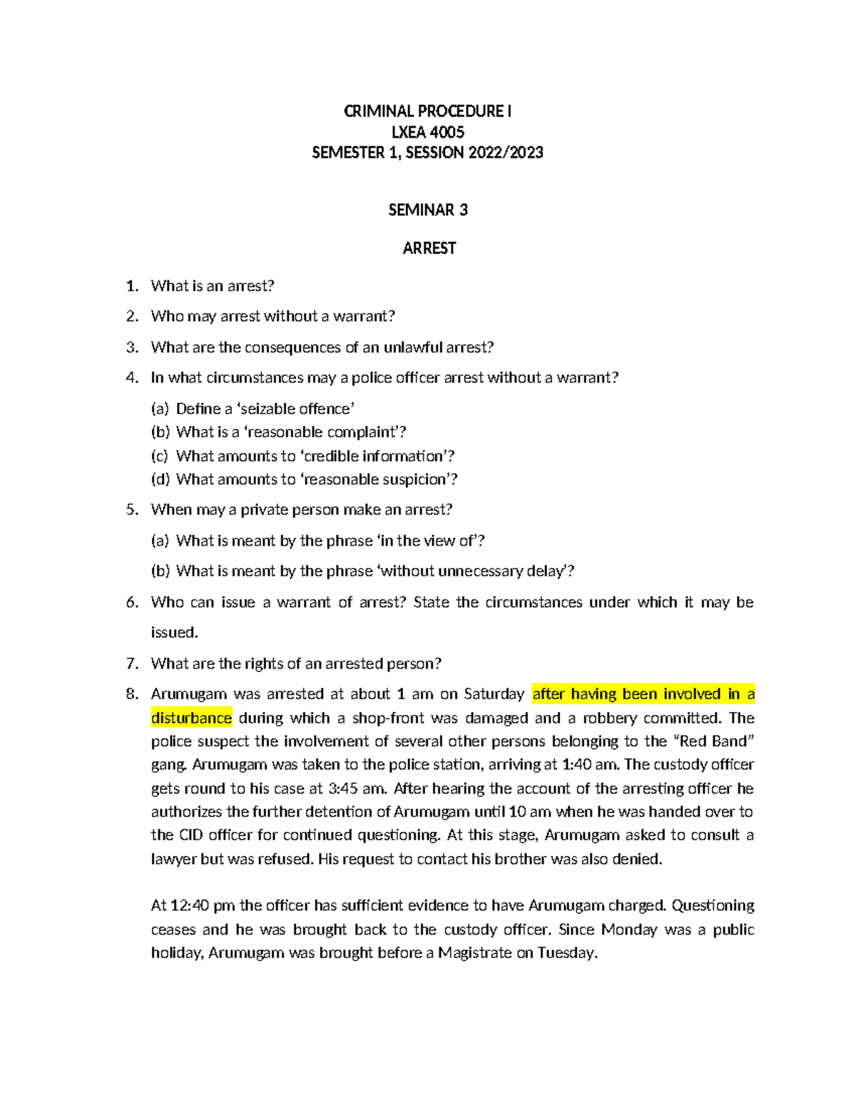 Seminar 3 Arrest - CRIMINAL PROCEDURE I LXEA 4005 SEMESTER 1, SESSION ...