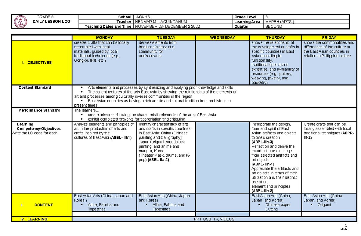 Arts dll nov 28 december 2 grade 8 daily lesson log school acnhs grade level 8 teacher henmar 