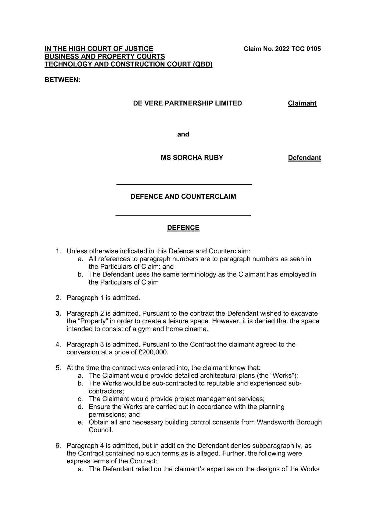 Drafting Formative - Defence and Counterclaim - De Vere case - IN THE ...