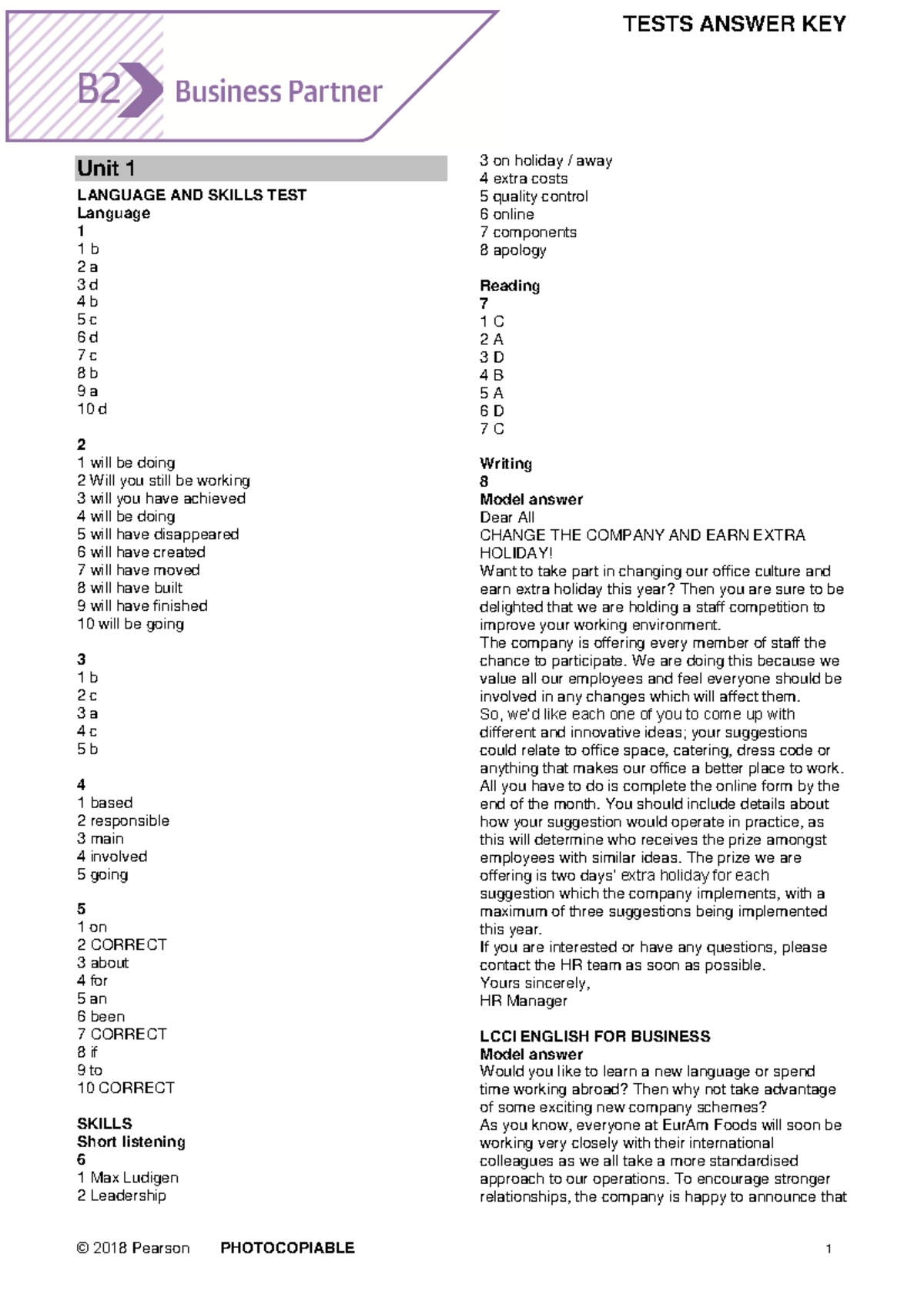 BP B2 Tests Answer Key - Gdushdbsjsbbs - Unit 1 LANGUAGE AND SKILLS ...