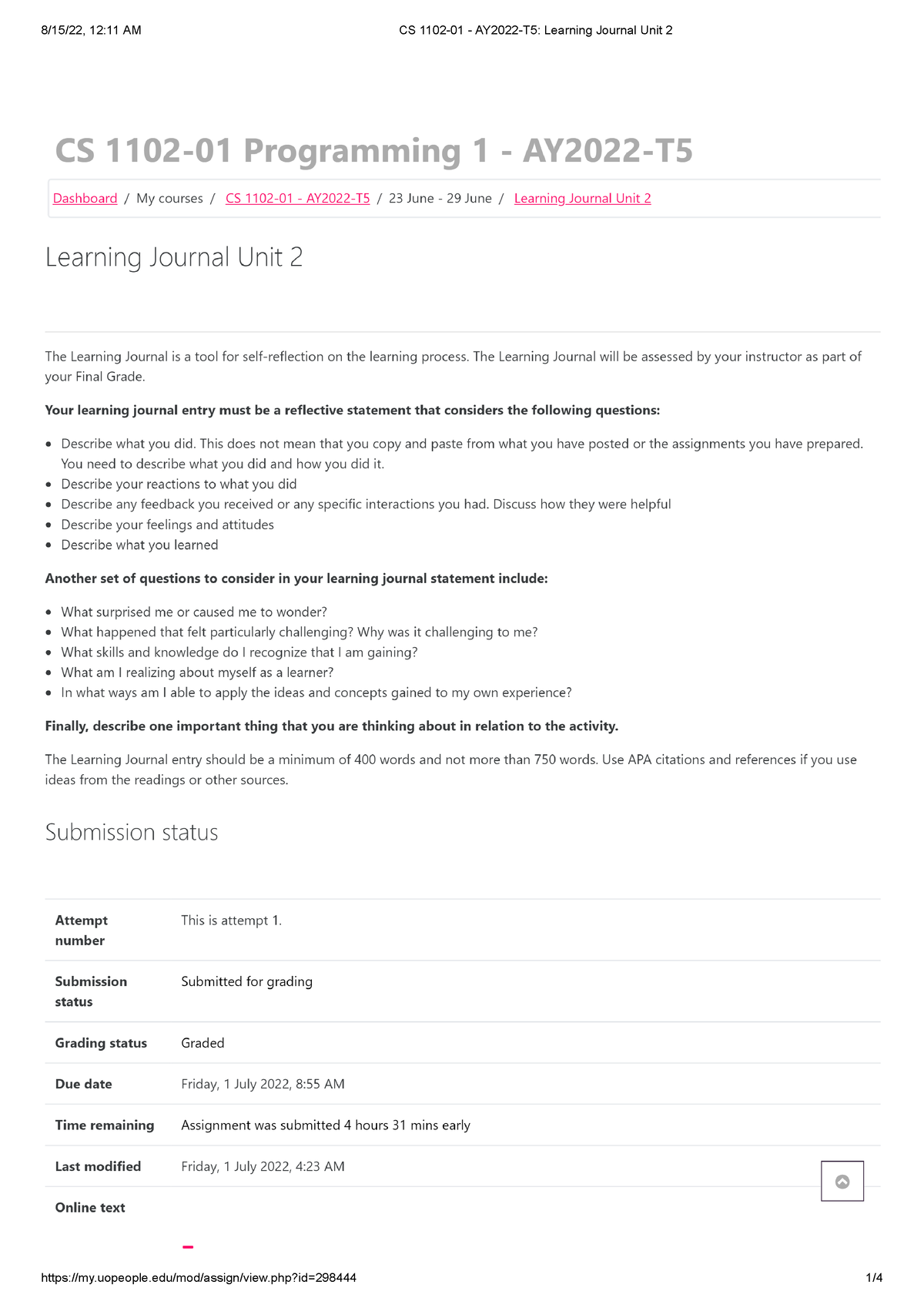 CS 1102-01 - AY2022-T5 Learning Journal Unit 2 - 12:11 AM CS Learning ...