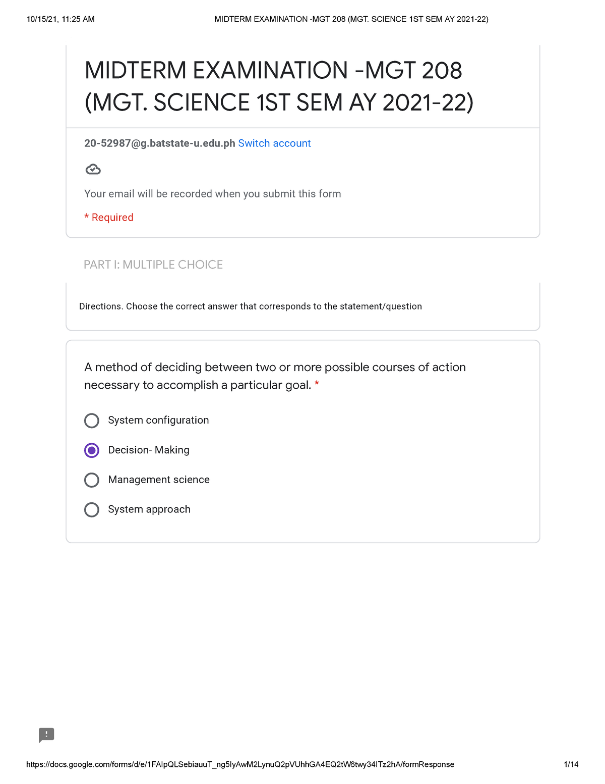 Midterm Examination -MGT 208 (MGT. Science 1ST SEM AY 2021-22) - PART I ...