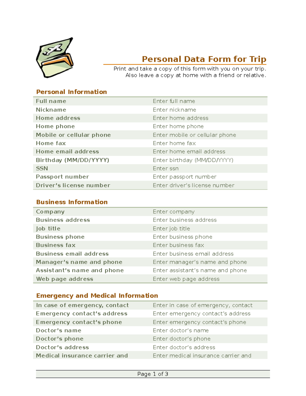 Farmers So useful Personal Data Form for Trip Print and take a copy