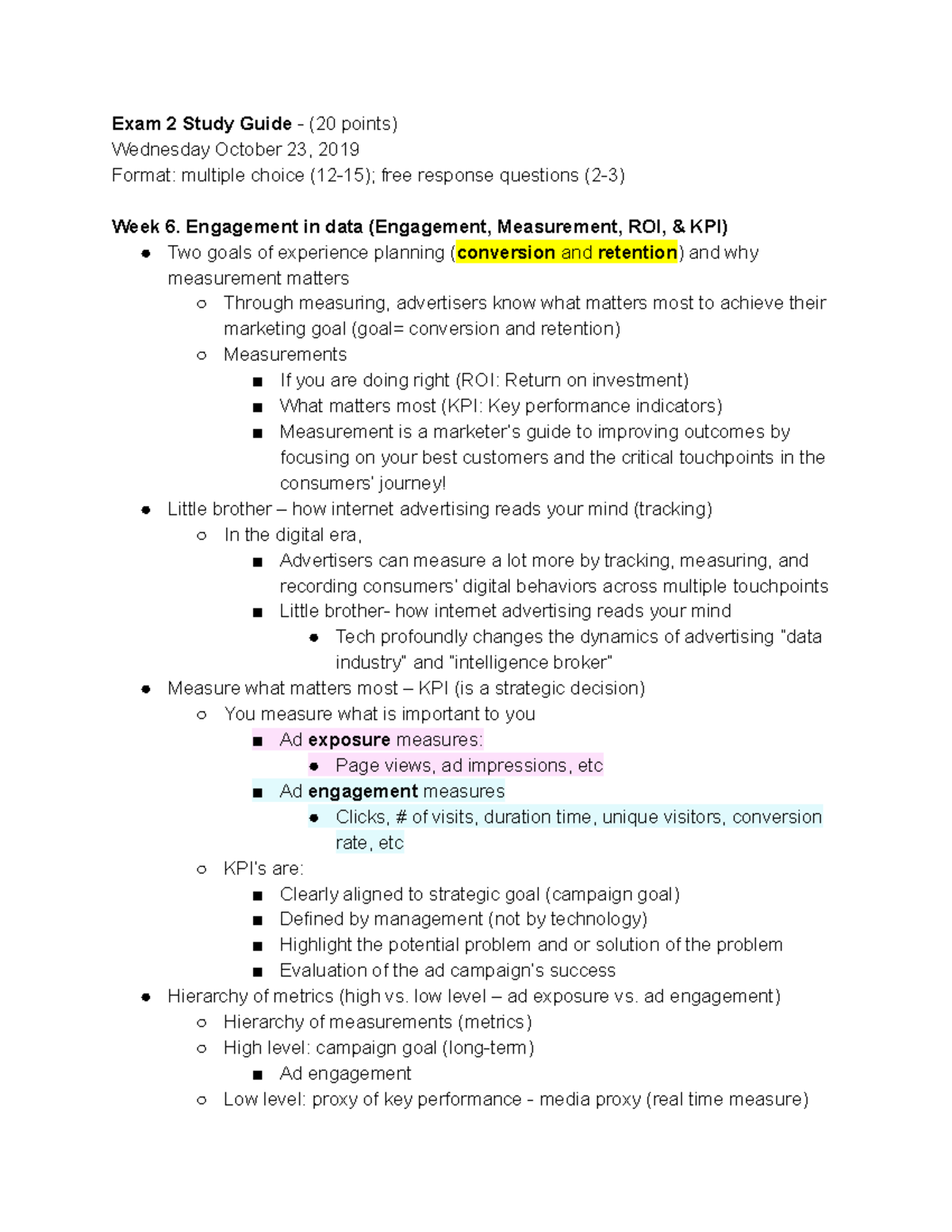 ADV 460 Exam 2 Study Guide - Exam 2 Study Guide - (20 points) Wednesday ...