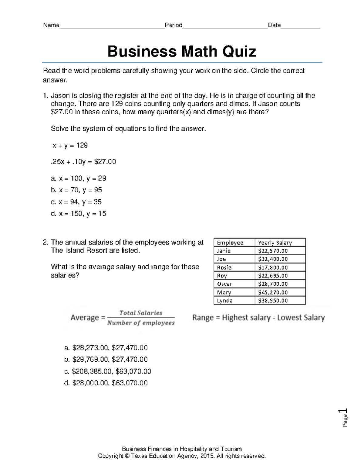 finance and business planning math quiz