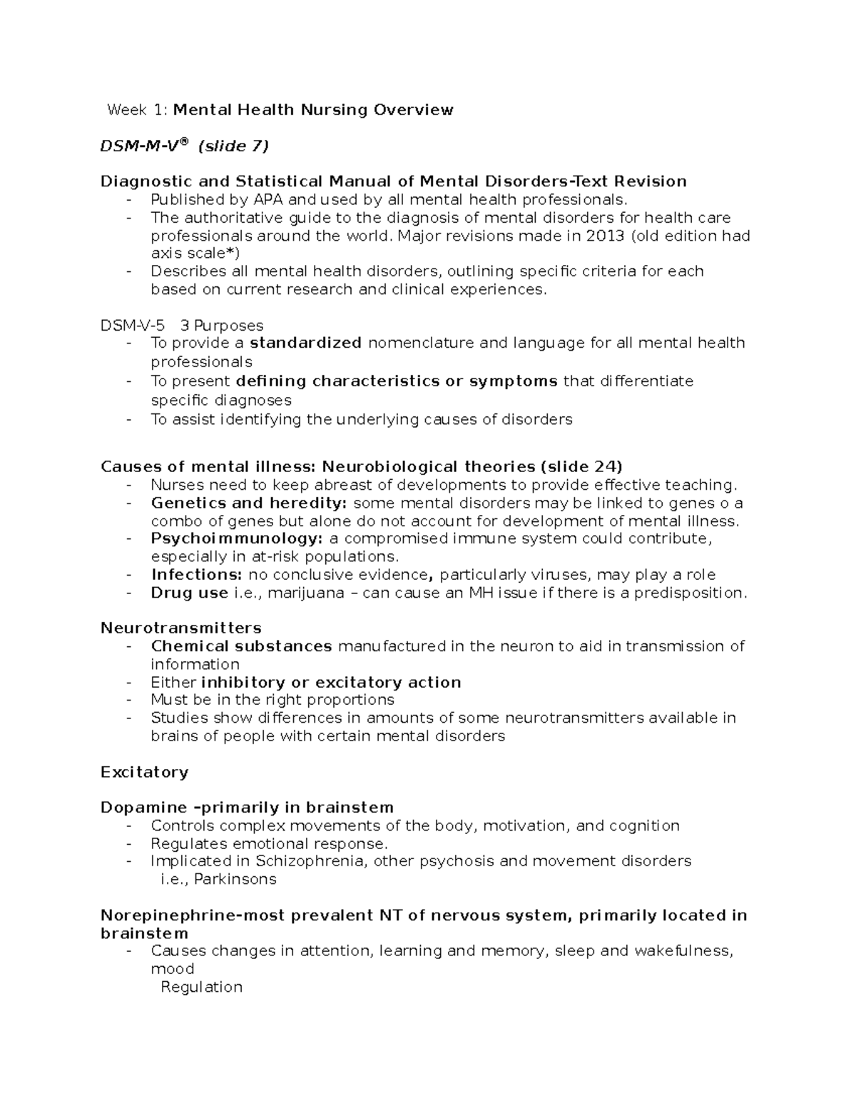 WEEK 1 Mental Heath Notes - Week 1: Mental Health Nursing Overview DSM ...